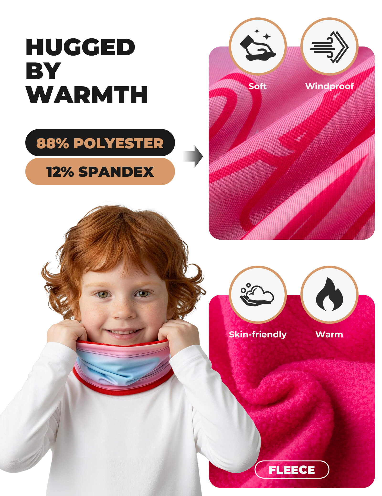 ROCKBROS kids fleece face cover and neck gaiter for cold weather
#Color_Pink