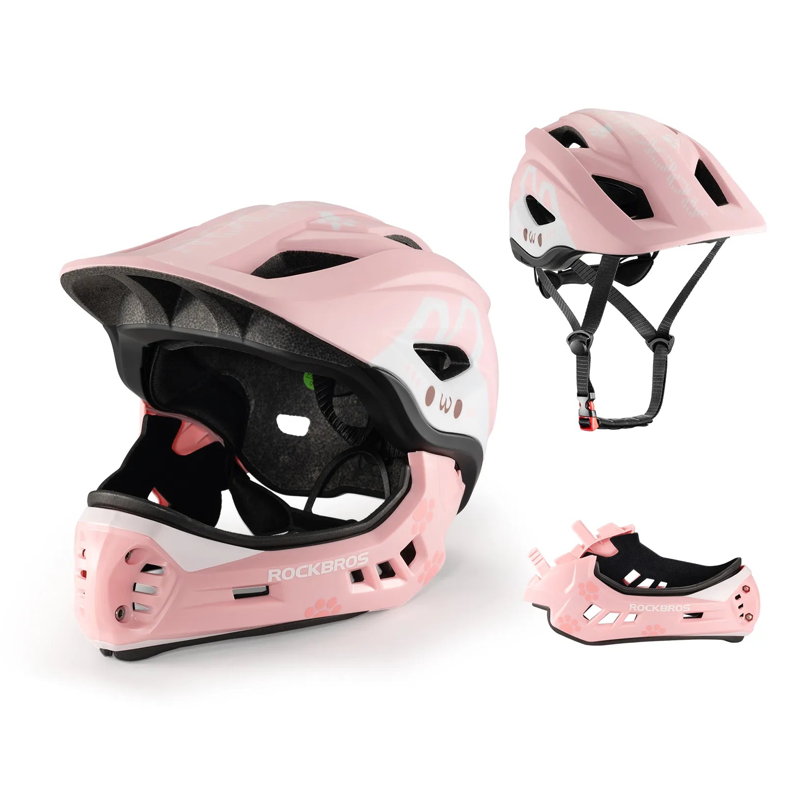 ROCKBROS kids detachable full face bike helmet, lightweight and adjustable for safe cycling and outdoor sports
#Color_Pink