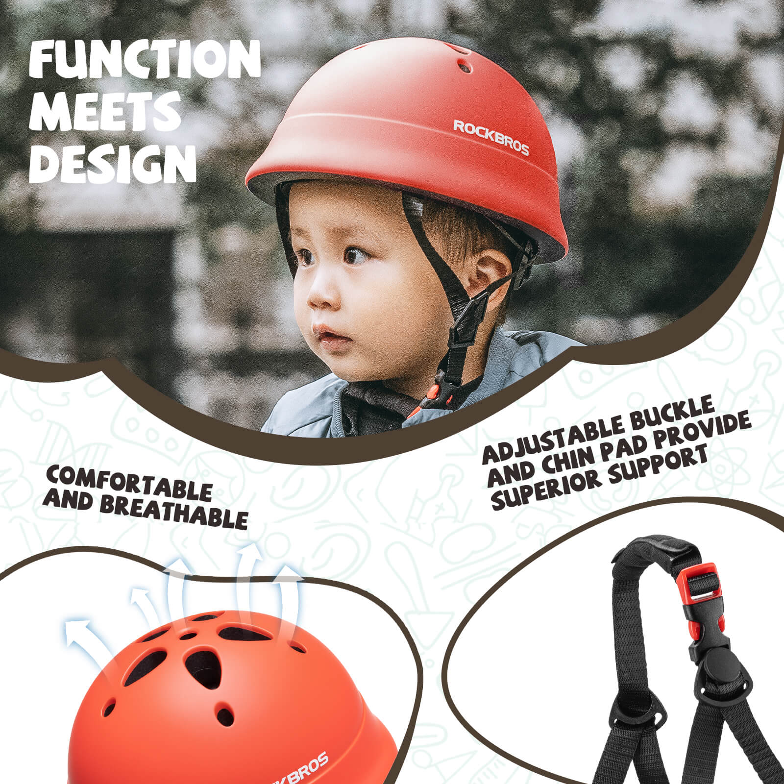 ROCKBROS kids lightweight bike helmet for ages 2-5 with adjustable fit, breathable ventilation
#Color_Red
