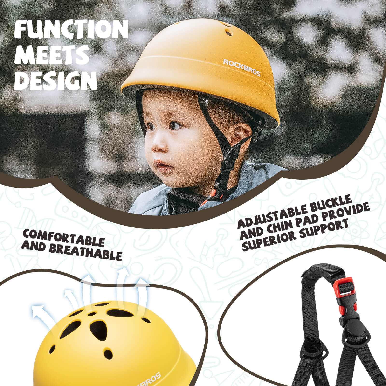 ROCKBROS kids lightweight bike helmet for ages 2-5 with adjustable fit, breathable ventilation
#Color_Yellow