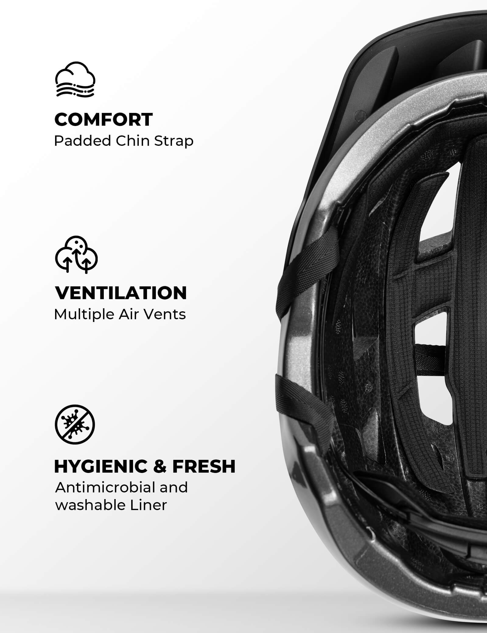 Interior view of ROCKBROS kids helmet showing ventilated design and IONIC+ plant-based antibacterial lining