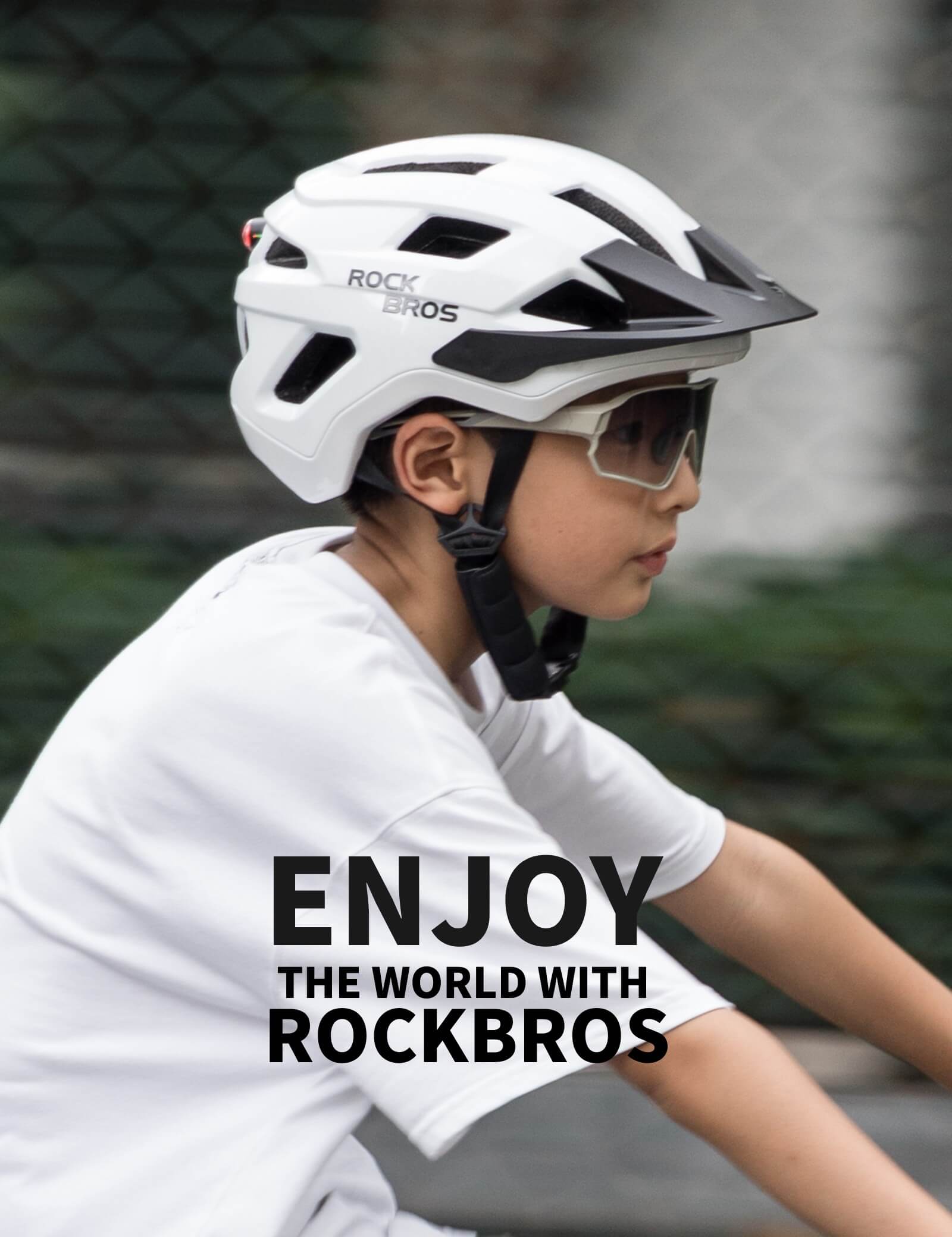 Child wearing ROCKBROS kids mountain bike helmet demonstrating adjustable fit, safety, and comfort
