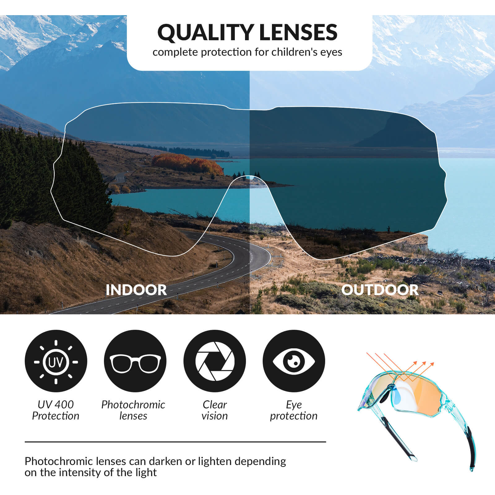 ROCKBROS Kids Photochromic Cycling Sunglasses with UV400 Protection for Outdoor
#Color_Transparent Blue