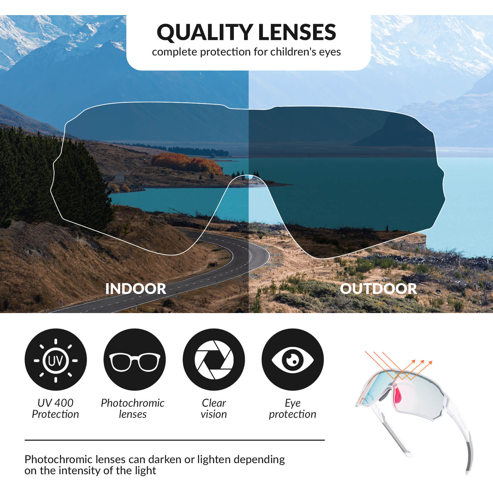 ROCKBROS Kids Photochromic Cycling Sunglasses with UV400 Protection for Outdoor
#Color_White