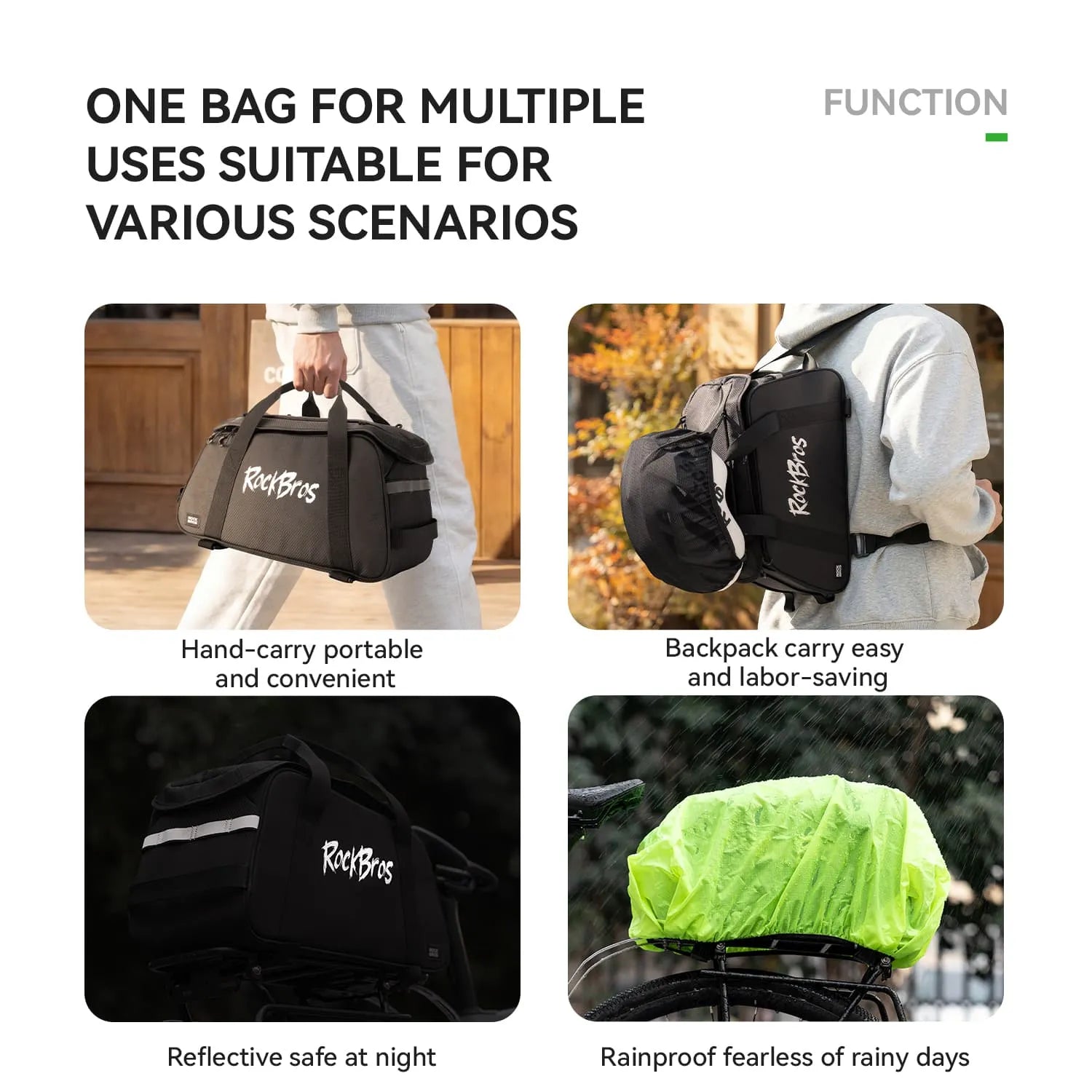 rockbros large capacity bike rear rack bag backpack 10.5l with eva support helmet net rain cover for cycling