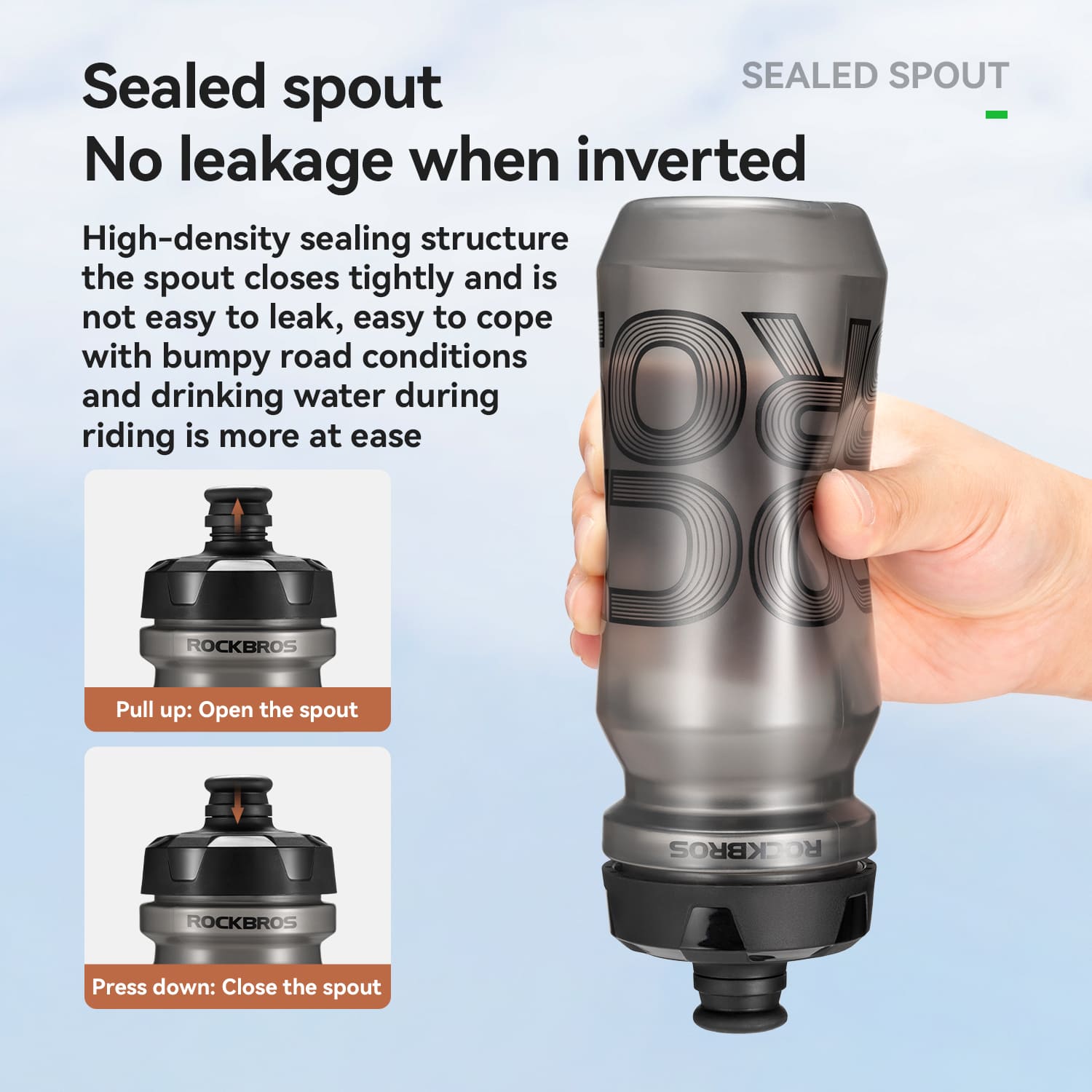 ROCKBROS large capacity squeeze cycling water bottle with leak-proof spout ergonomic grip and universal fit for bike bottle cages