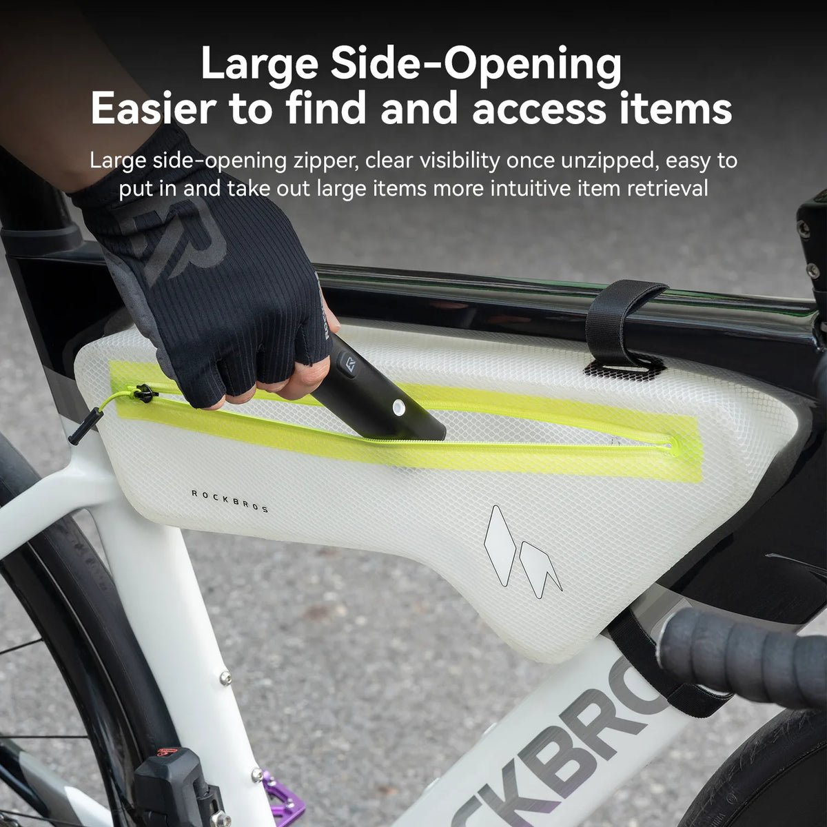 ROCKBROS Light Chaser 2.4L waterproof down tube bag mounted on a bicycle frame