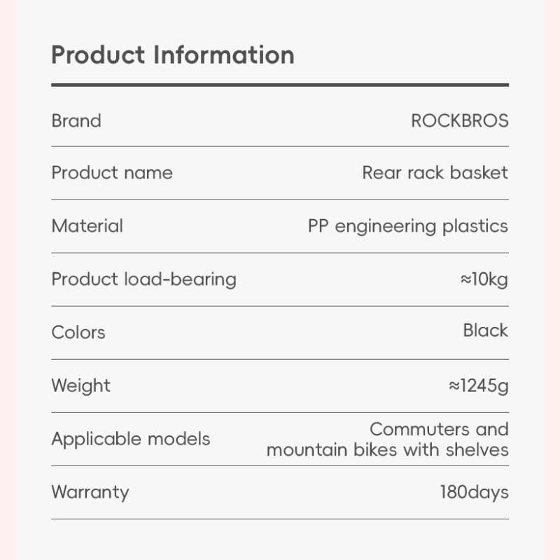 ROCKBROS Lightweight Durable Rear Rack Cargo Basket for Bikes, Travel and Pets