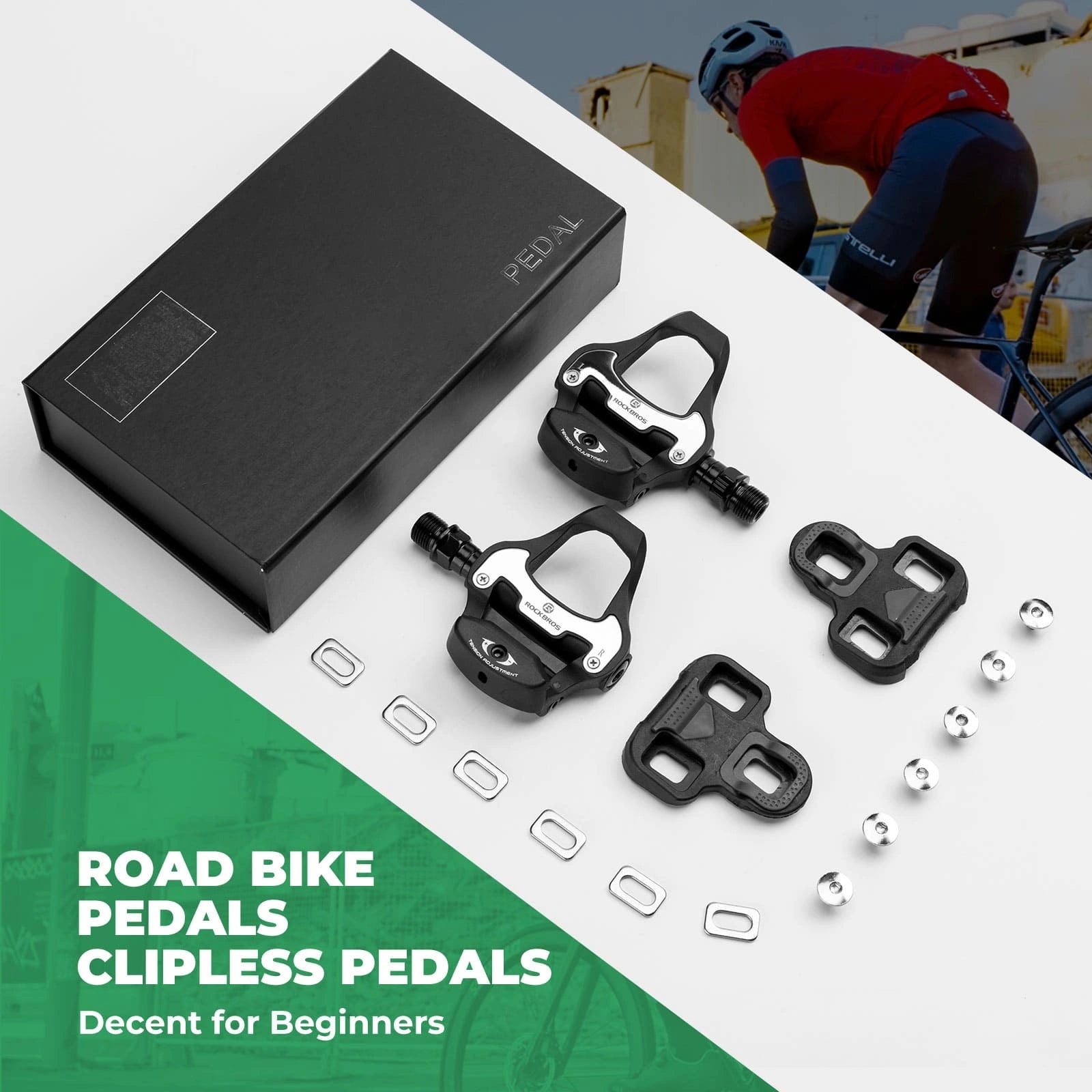 ROCKBROS Look System Road Bike Clipless Pedals with Wide Platform, Adjustable Tension, and Aluminum Alloy Body