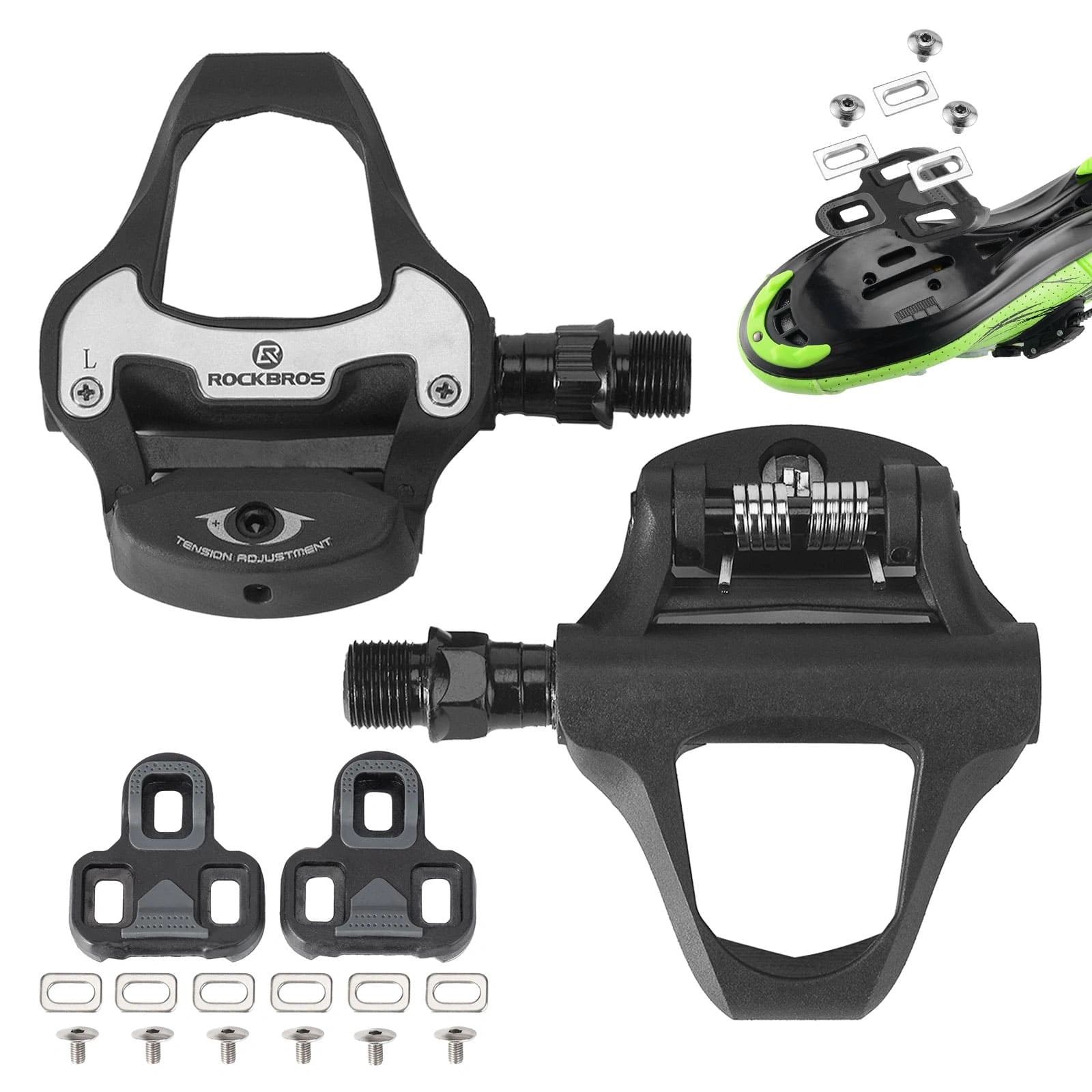 ROCKBROS Look System Road Bike Clipless Pedals with Wide Platform, Adjustable Tension, and Aluminum Alloy Body