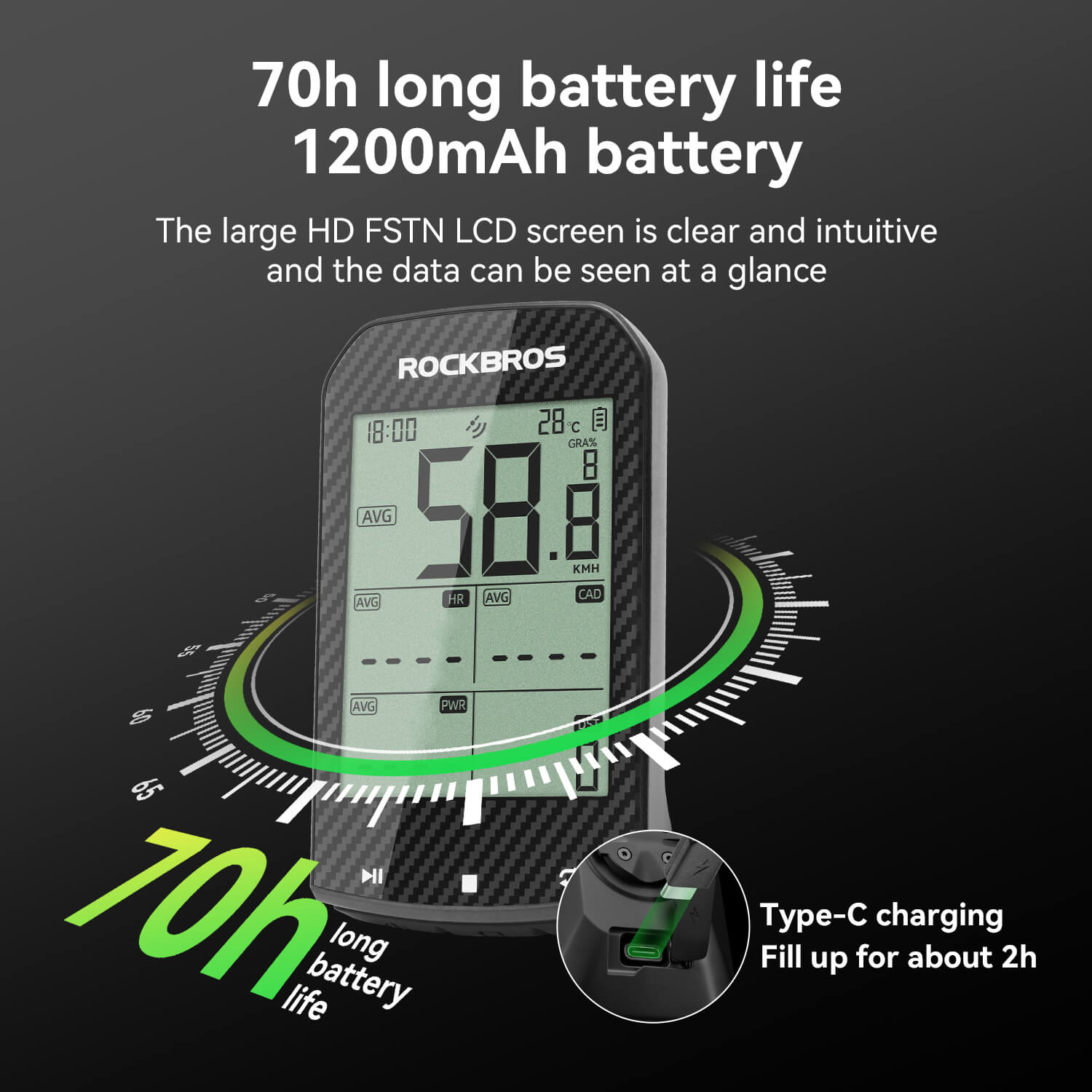 ROCKBROS M1 Pro cycling computer with 70-hour battery life and 1200mAh capacity