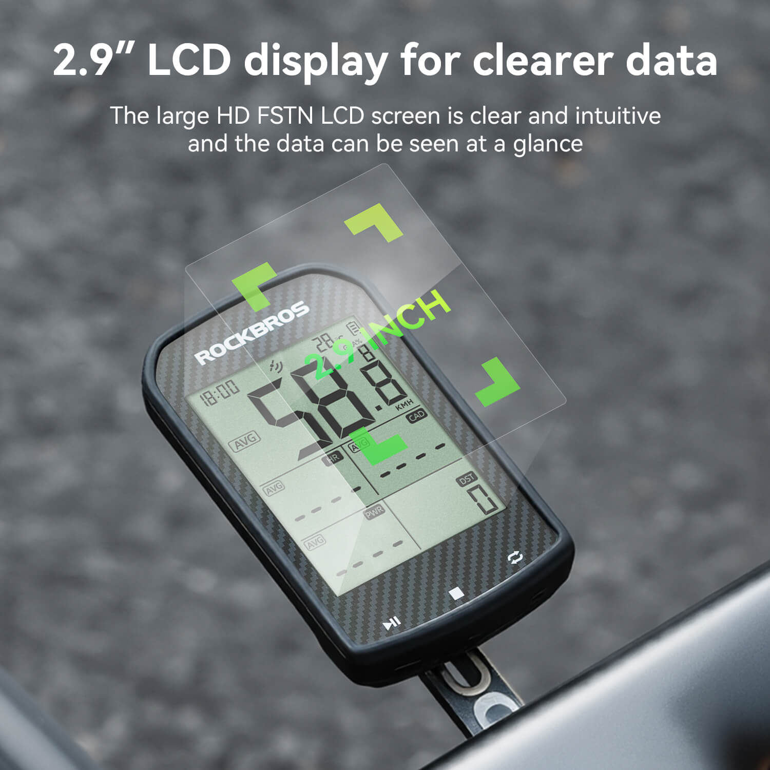 2.9-inch LCD display on ROCKBROS M1 Pro bike computer showing clear cycling data