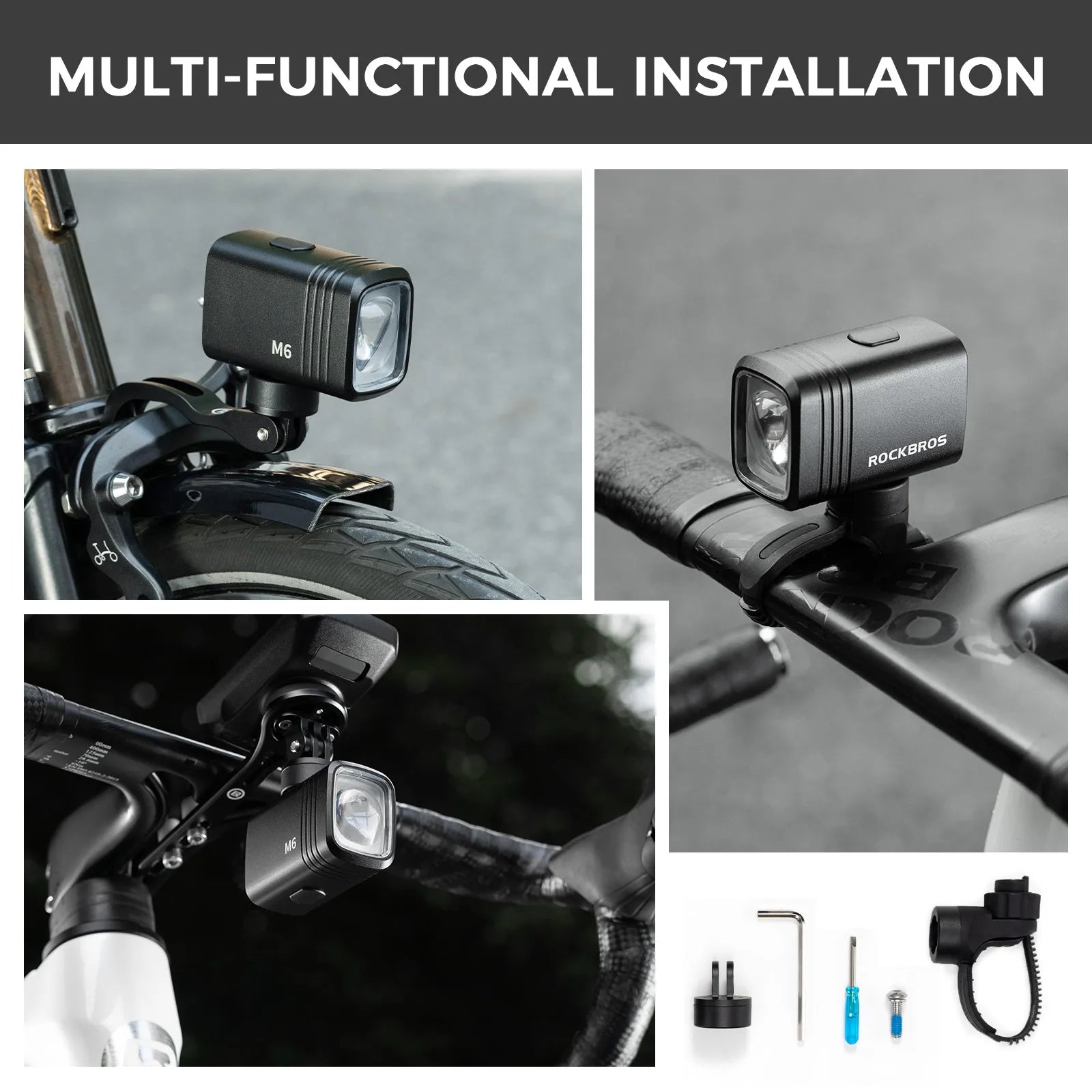 ROCKBROS M6 smart bike front light with anti-glare lens, 1000 lumen output, and USB-C rechargeable battery