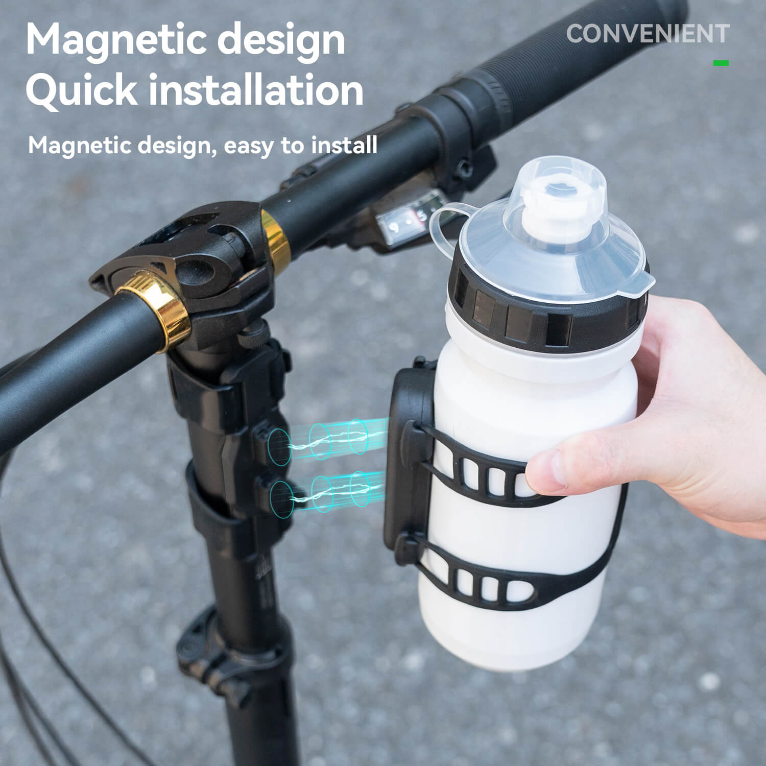 ROCKBROS magnetic bike bottle holder with strap and magnetic mount design for secure cycling hydration.