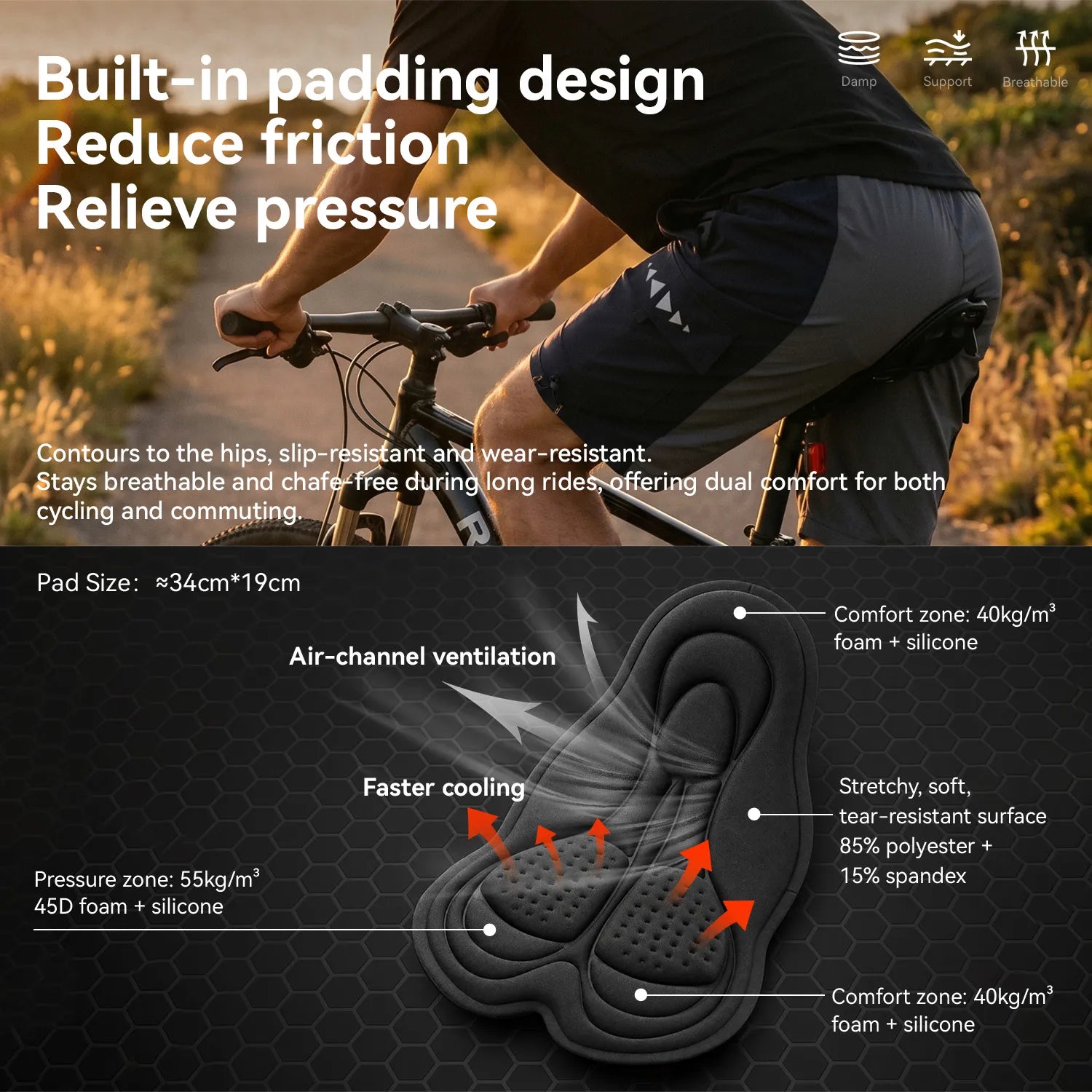 ROCKBROS Men's 2-in-1 Padded Cycling Shorts with Detachable Liner for Road, MTB, Gravel, and E-Bike Riding