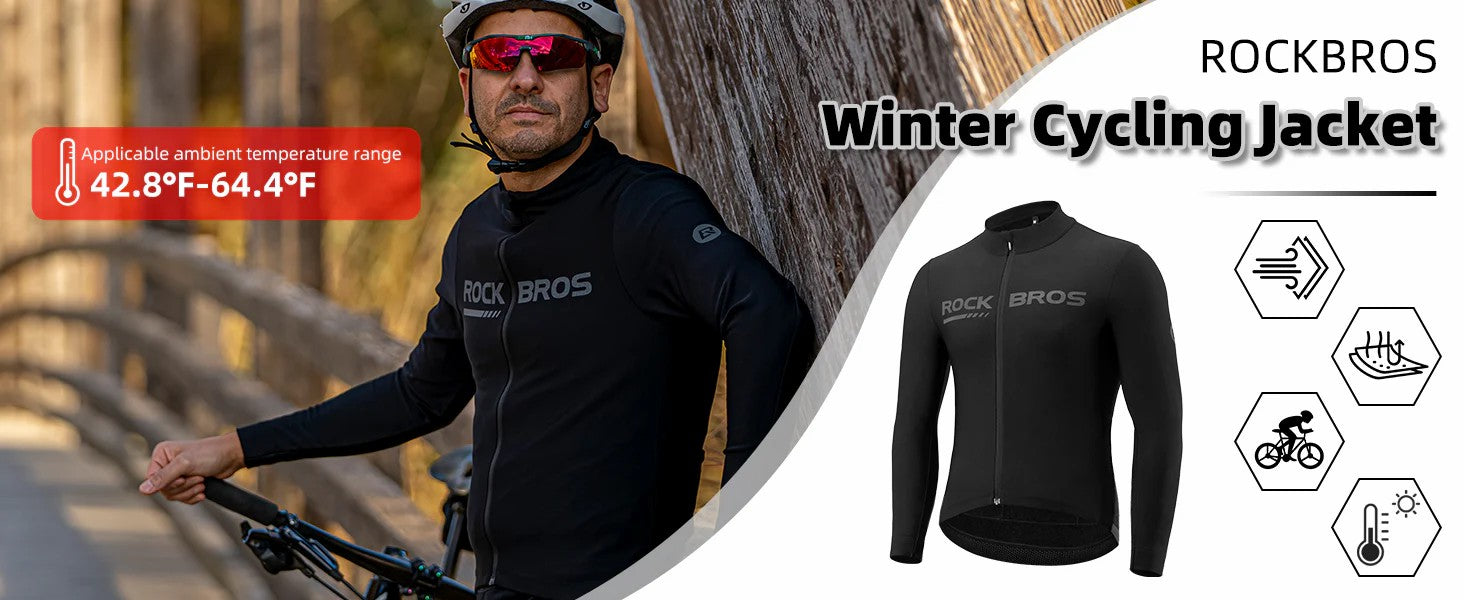 ROCKBROS Men's Long-Sleeve Thermal Cycling Jersey for cold weather with fleece lining and reflective accents