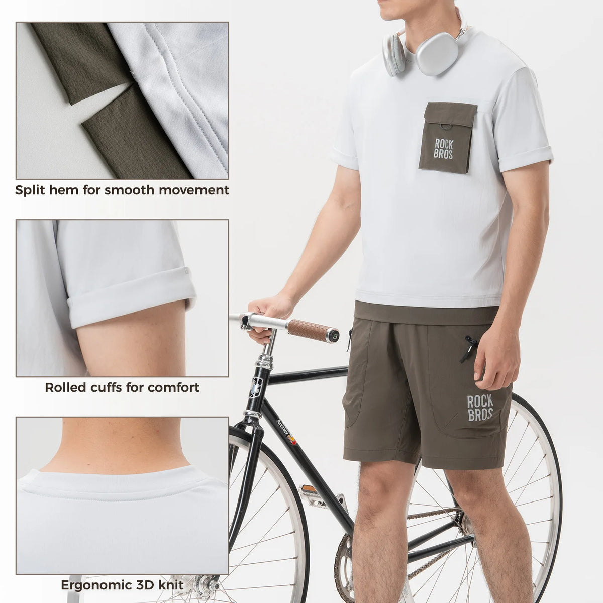 ROCKBROS men's quick-dry casual cycling T-shirt with a breathable lightweight design and front pocket