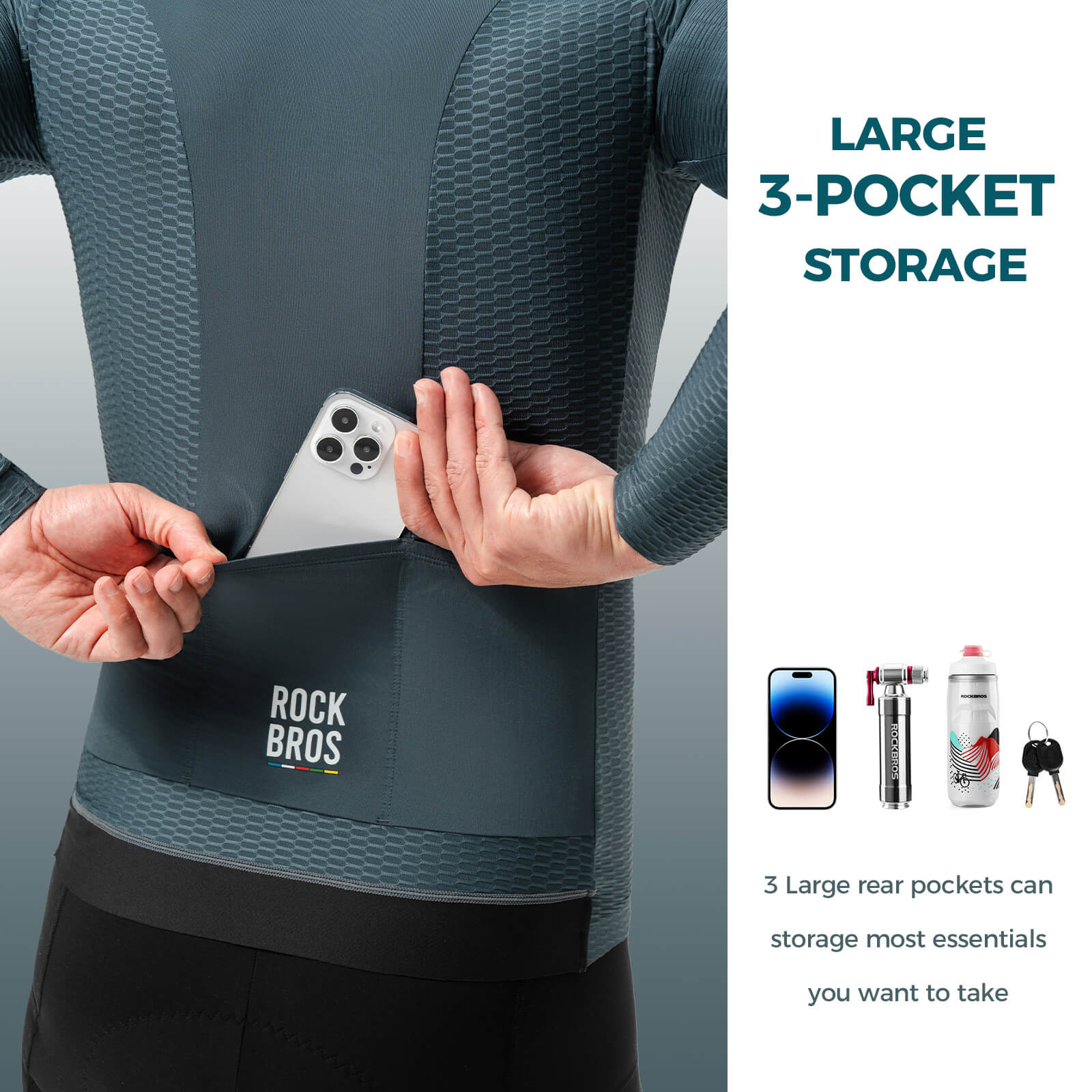 Close-up detail of ROCKBROS ROAD-TO-SKY men's long-sleeve cycling jersey
