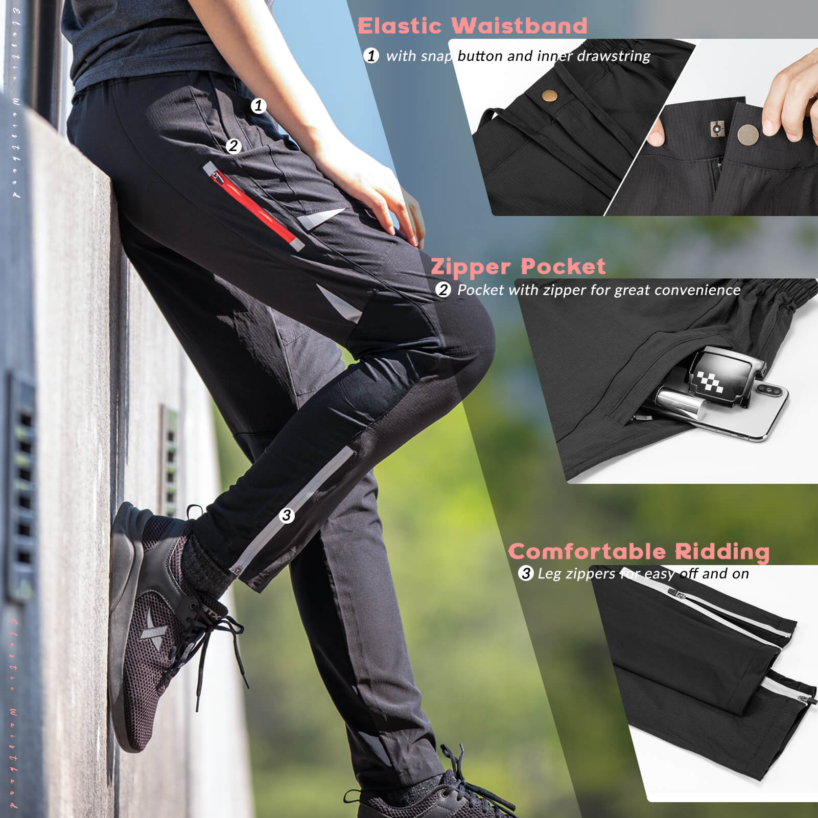 Men’s windproof and breathable cycling pants with stretch and zip pocket