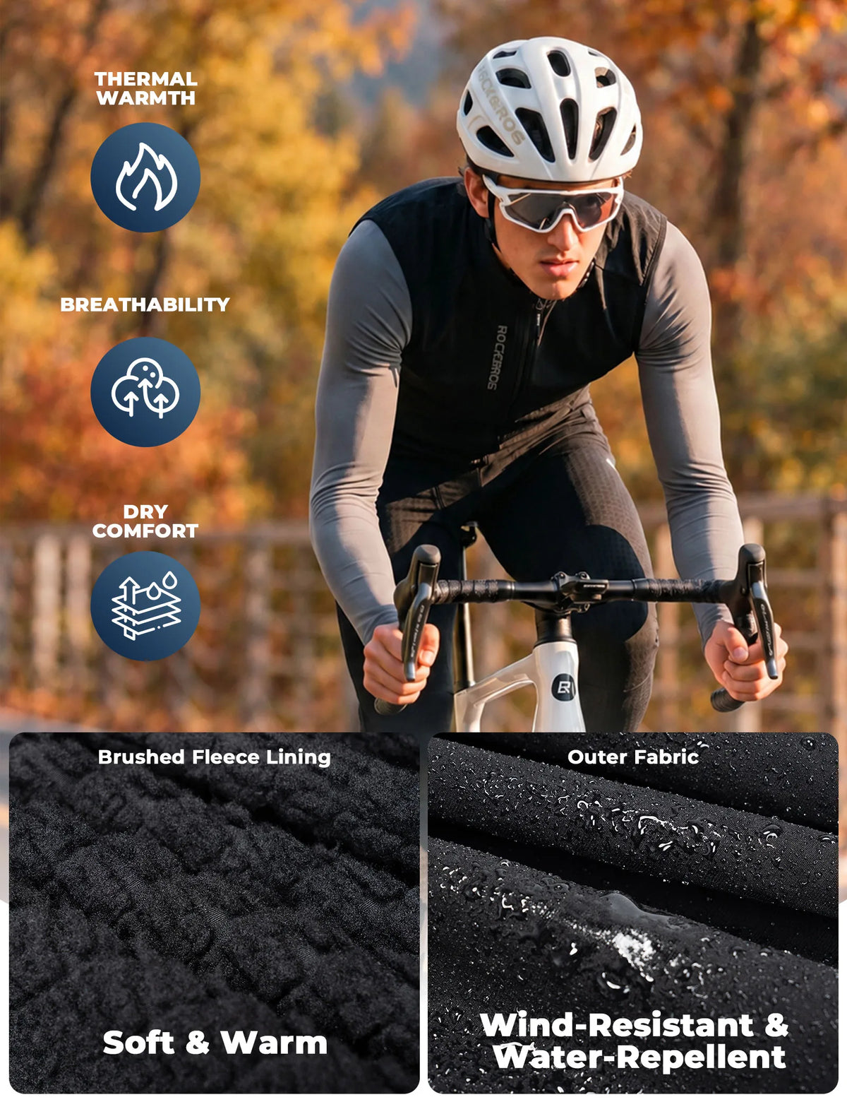 ROCKBROS men's windproof fleece cycling vest with reflective details