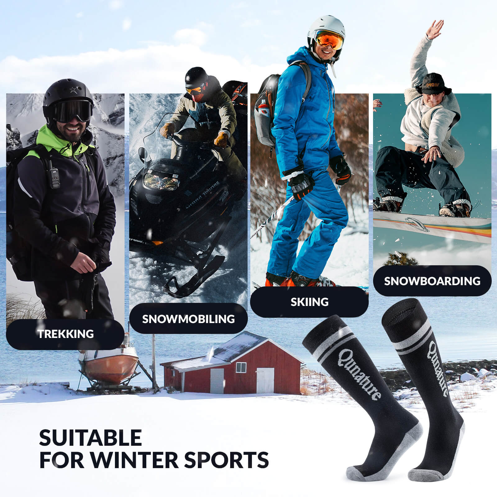 Black ROCKBROS Cushioned Merino Wool Ski Socks - Moisture Wicking Warm Winter Socks
#Color_Black