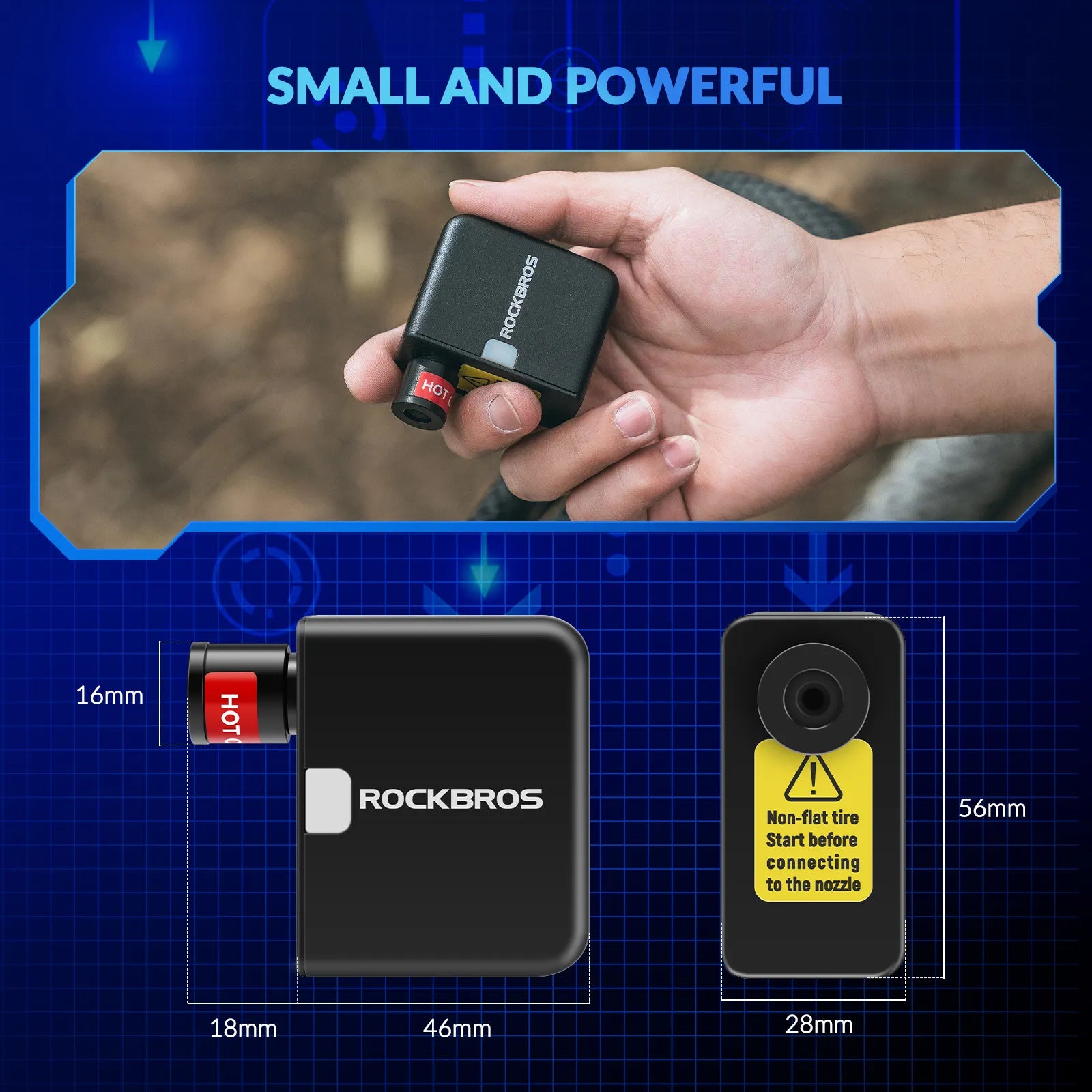 ROCKBROS mini electric bike pump with 100 PSI pressure and Presta Schrader valve compatibility