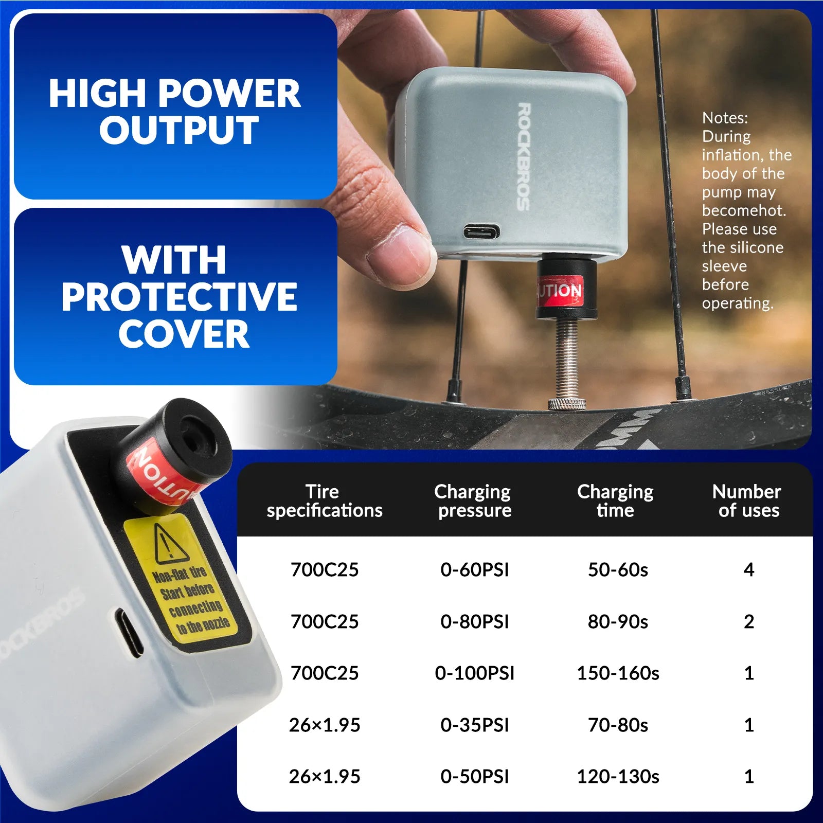 ROCKBROS mini electric bike pump with 100 PSI pressure and Presta Schrader valve compatibility