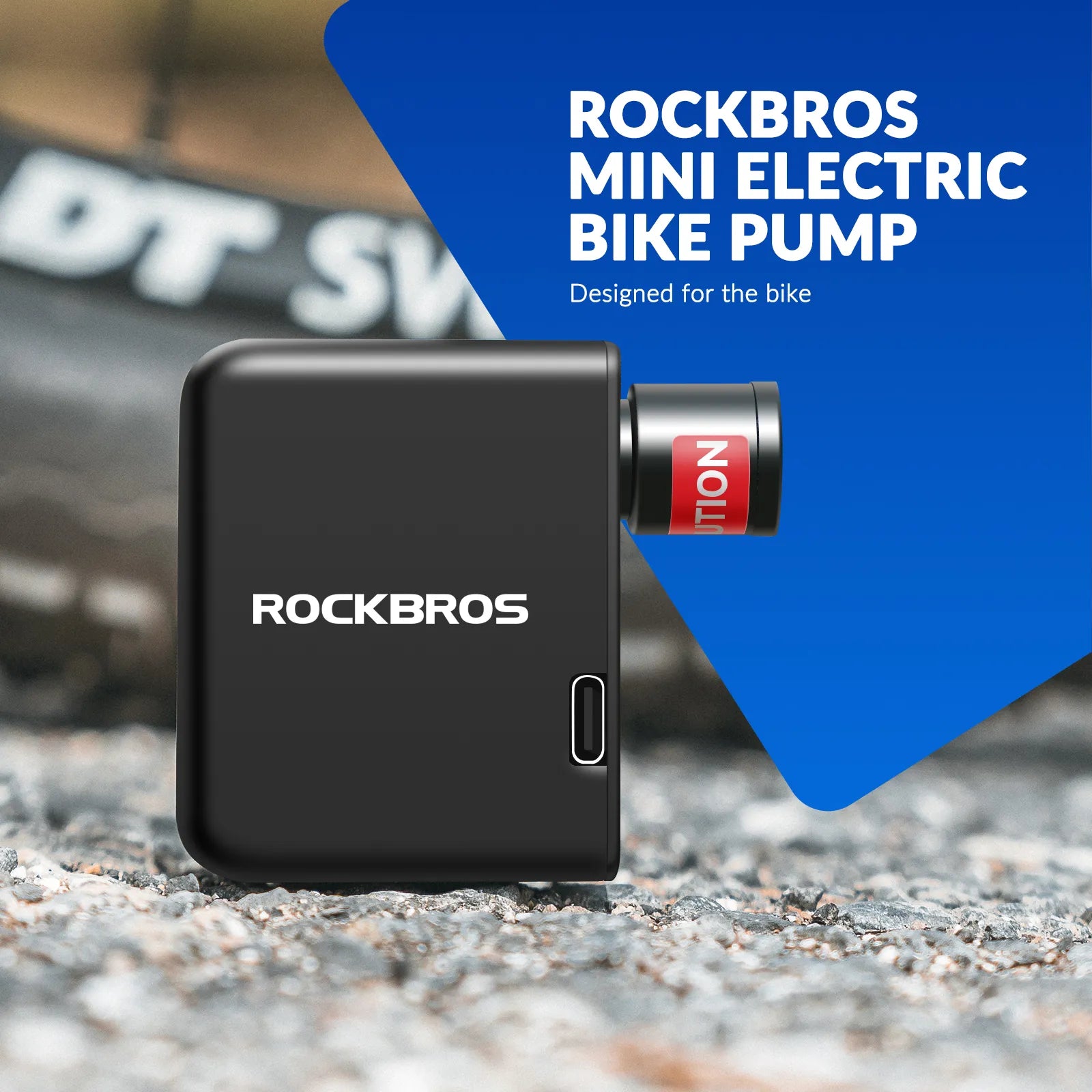ROCKBROS mini electric bike pump with 100 PSI pressure and Presta Schrader valve compatibility