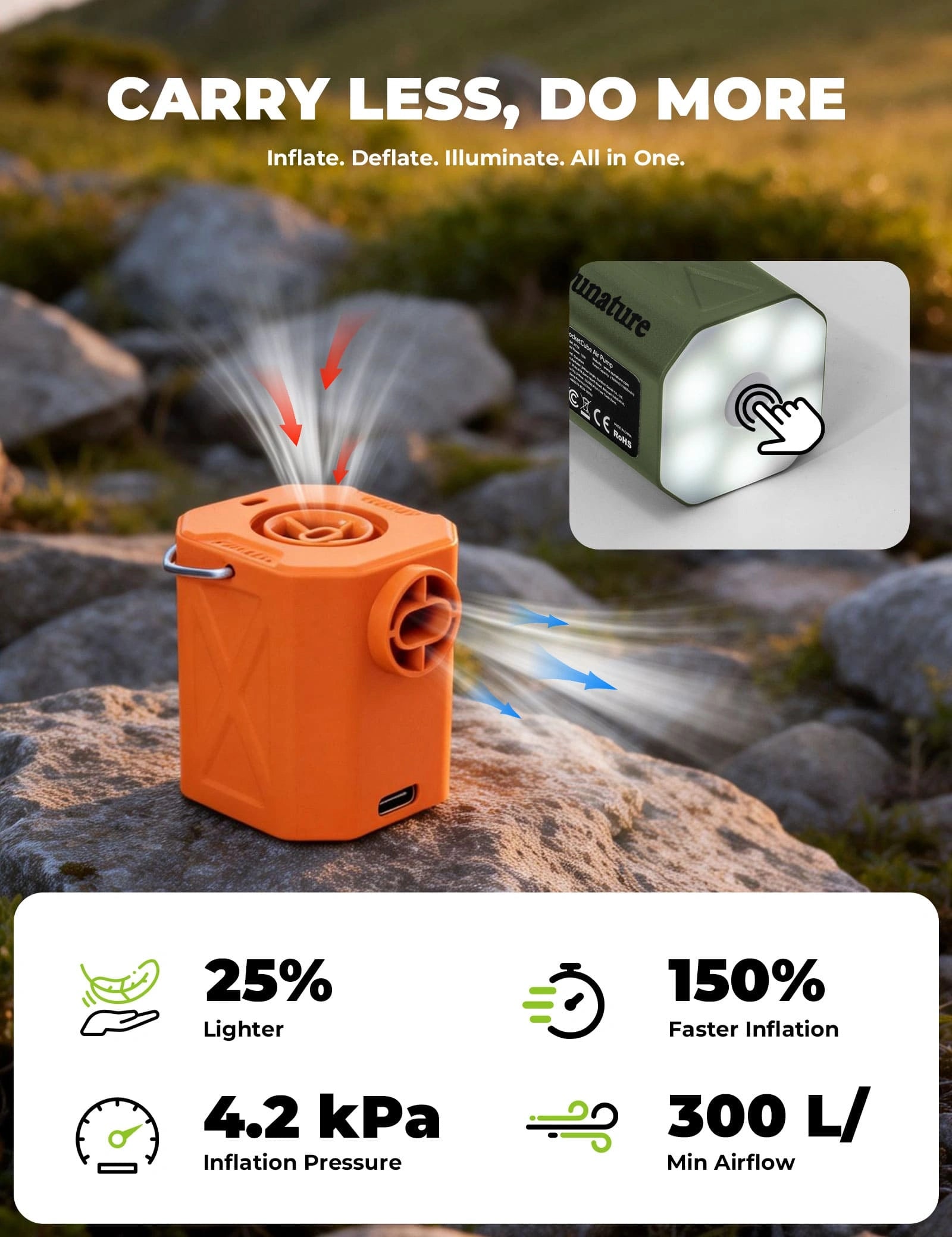 rockbros mini lightweight outdoor air pump portable inflation deflation camping pump with light 