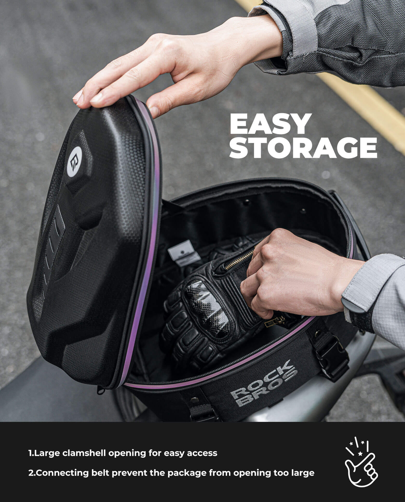 ROCKBROS Motorcycle Hard Shell Tail Bag mounted on rear seat with storage for gear