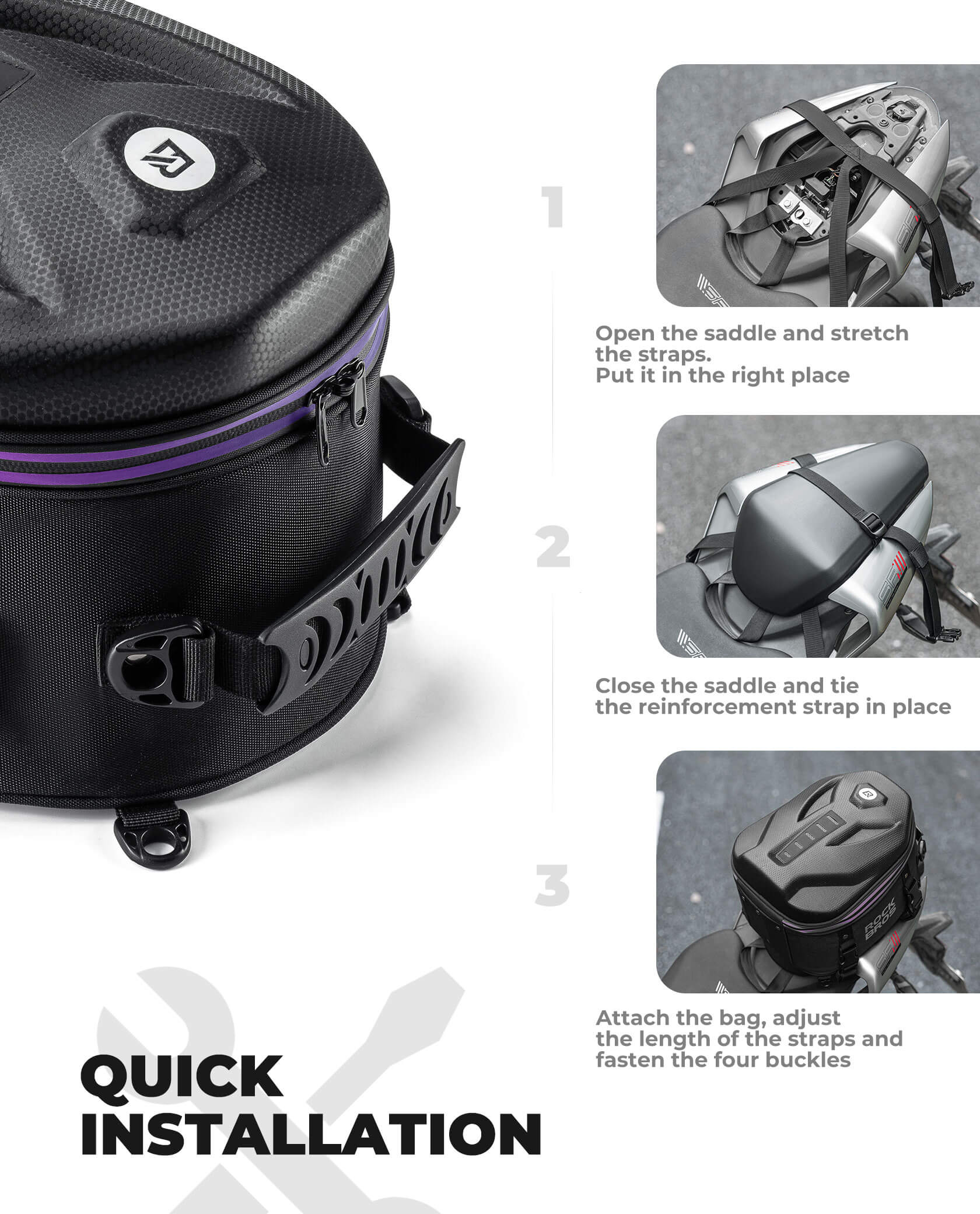 ROCKBROS Motorcycle Hard Shell Tail Bag mounted on rear seat with storage for gear