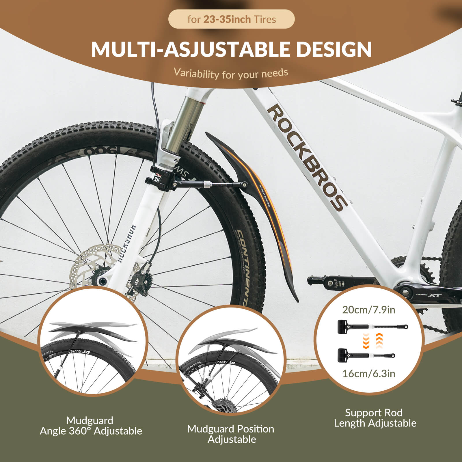 ROCKBROS mountain bike front mudguard for 26-29 inch MTB, durable and adjustable fender
#Style_Front