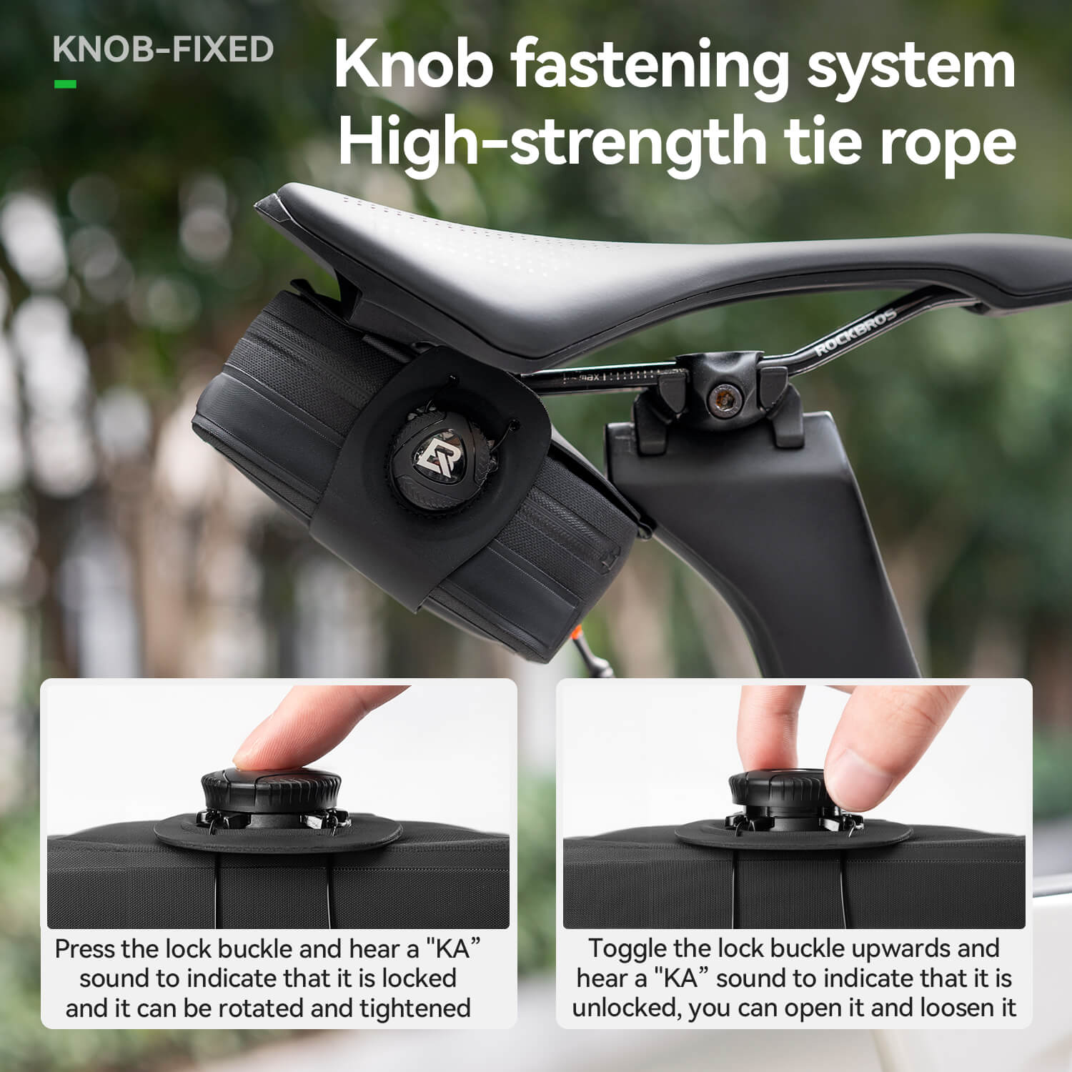ROCKBROS multi-purpose waterproof rear saddle bag with knob lock system for cycling