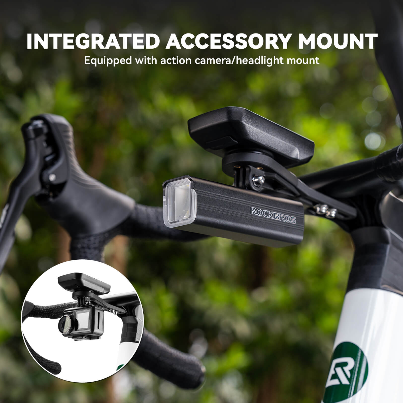 ROCKBROS nylon bike computer mount extension with GoPro adapter installed on handlebar