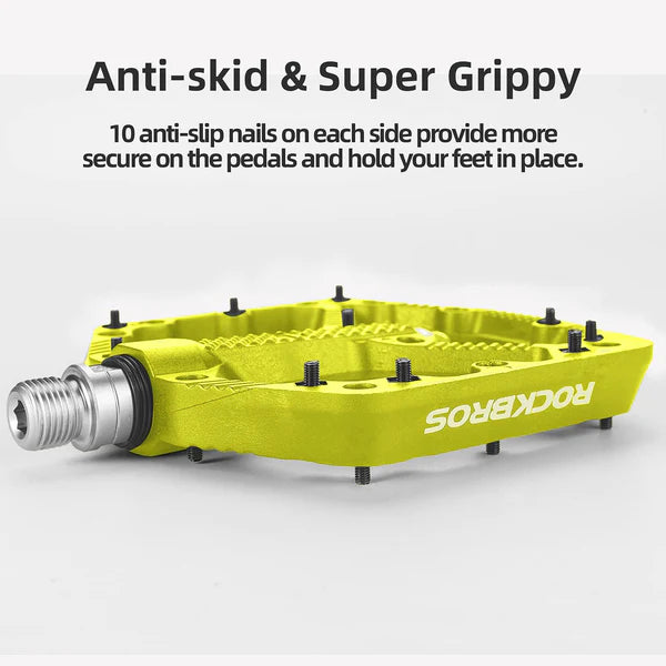 ROCKBROS Nylon MTB Bike Pedals with Wide 110mm Platform, Anti-Slip Pins, Sealed Bearings, and 9/16 Inch Spindle
#Color_Green