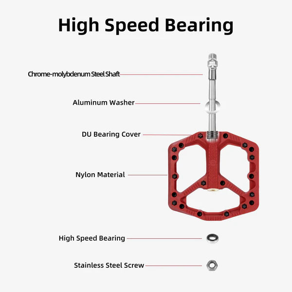 ROCKBROS Nylon MTB Bike Pedals with Wide 110mm Platform, Anti-Slip Pins, Sealed Bearings, and 9/16 Inch Spindle
#Color_Red