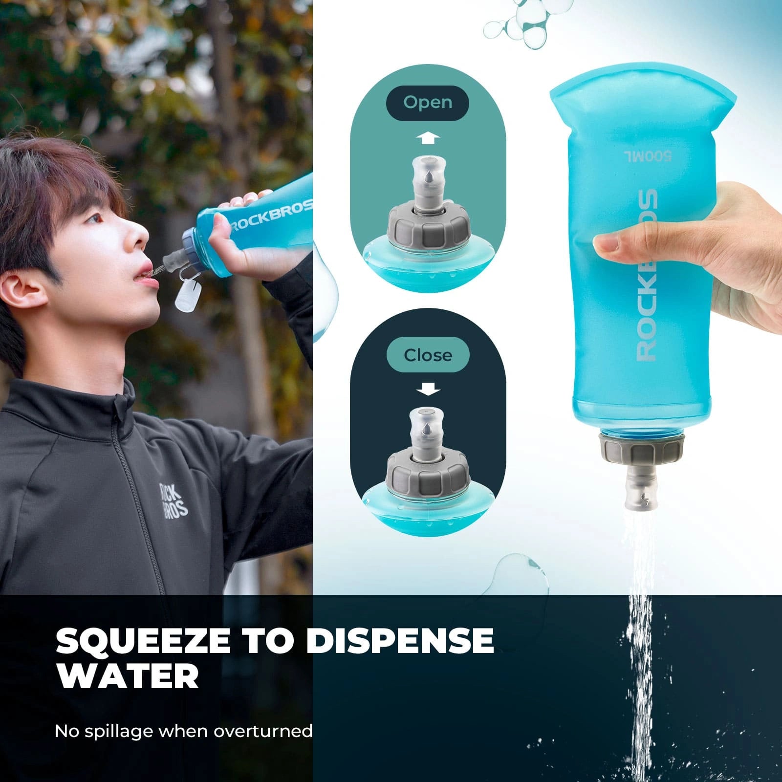 ROCKBROS 500ml Outdoor Soft Water Bottle with Soft TPU Body and Dust-Proof Cap for Cycling and Hiking