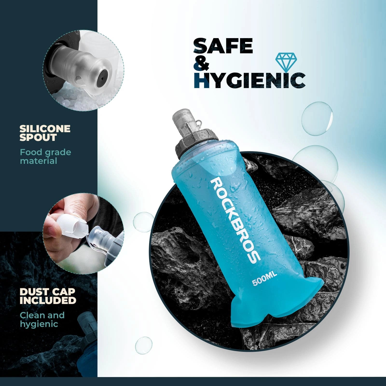 ROCKBROS 500ml Outdoor Soft Water Bottle with Soft TPU Body and Dust-Proof Cap for Cycling and Hiking