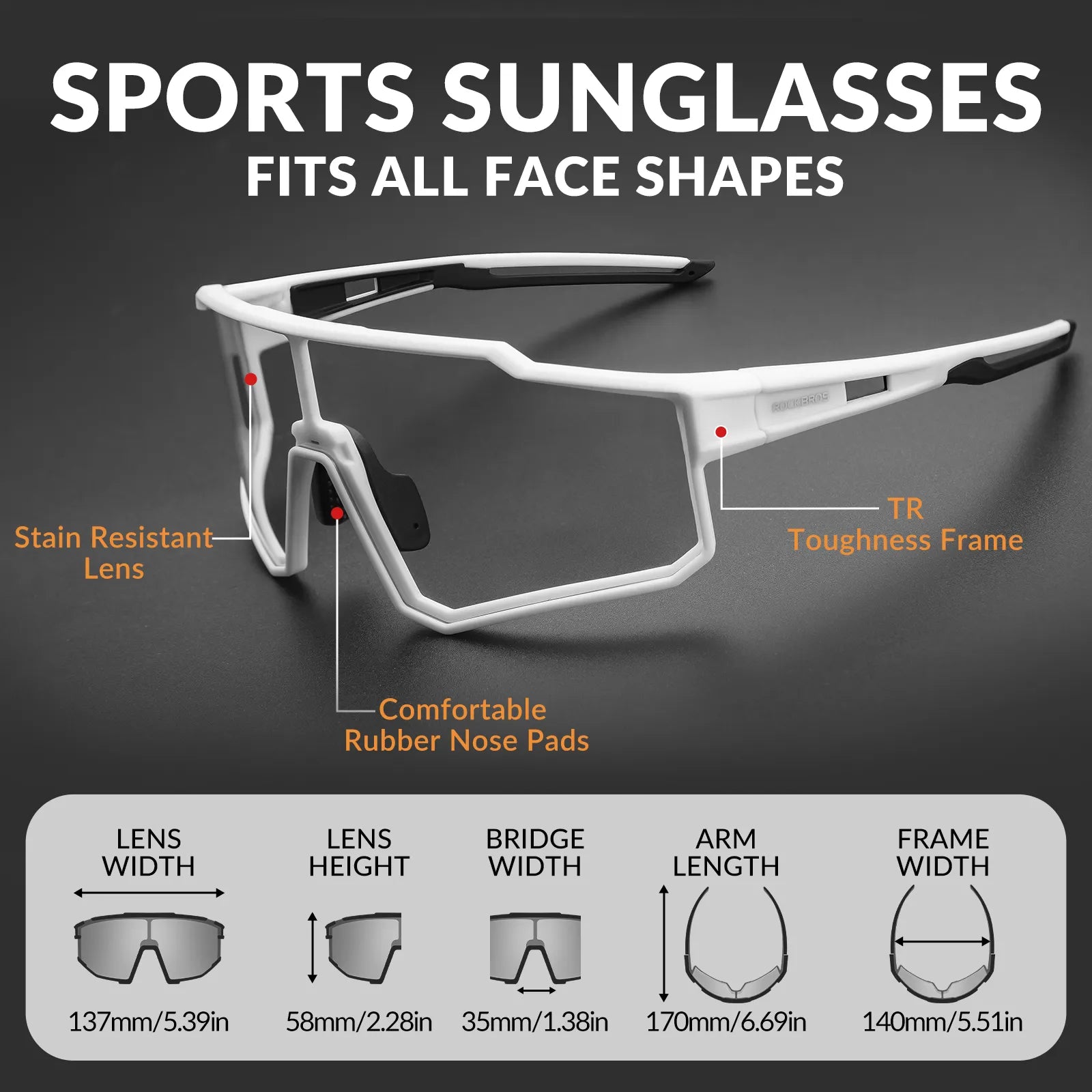 ROCKBROS photochromic sports sunglasses with PC lenses UV400 protection lightweight TR90 frame