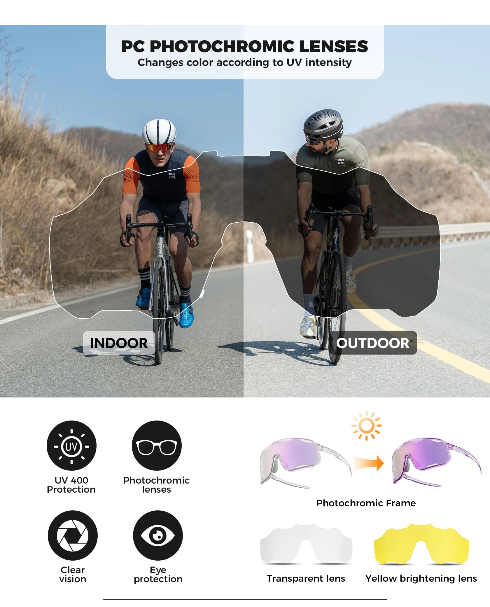 ROCKBROS Windproof Photochromic Cycling Sunglasses with UV400 Lenses and Lightweight TR90 Frame
#Color_Chameleon Purple / Full Purple Photochromic