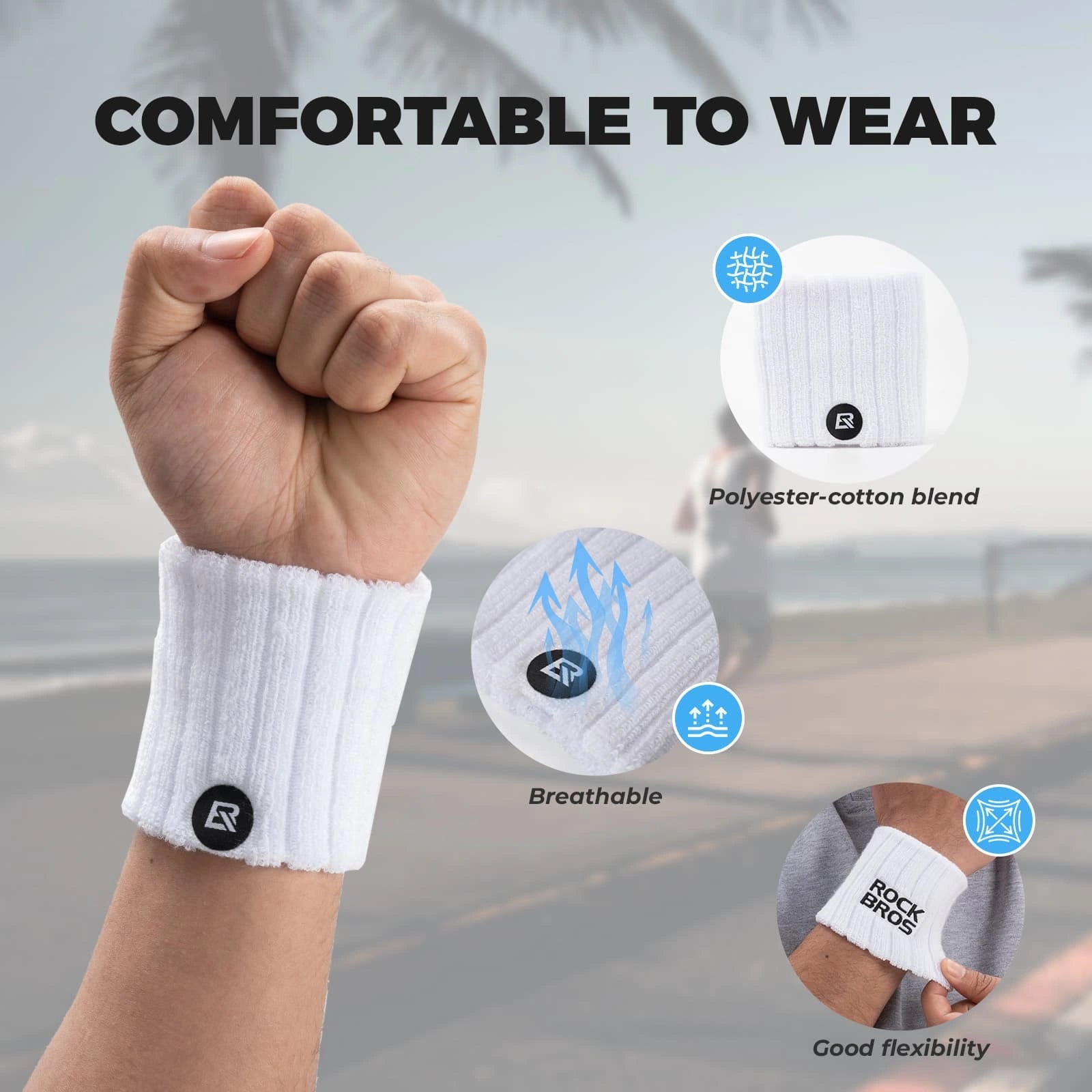 ROCKBROS Polyester-Cotton Sports Wristband with Sweat-Absorbing Fabric and Wrist Support for Daily Sports
#Color_White