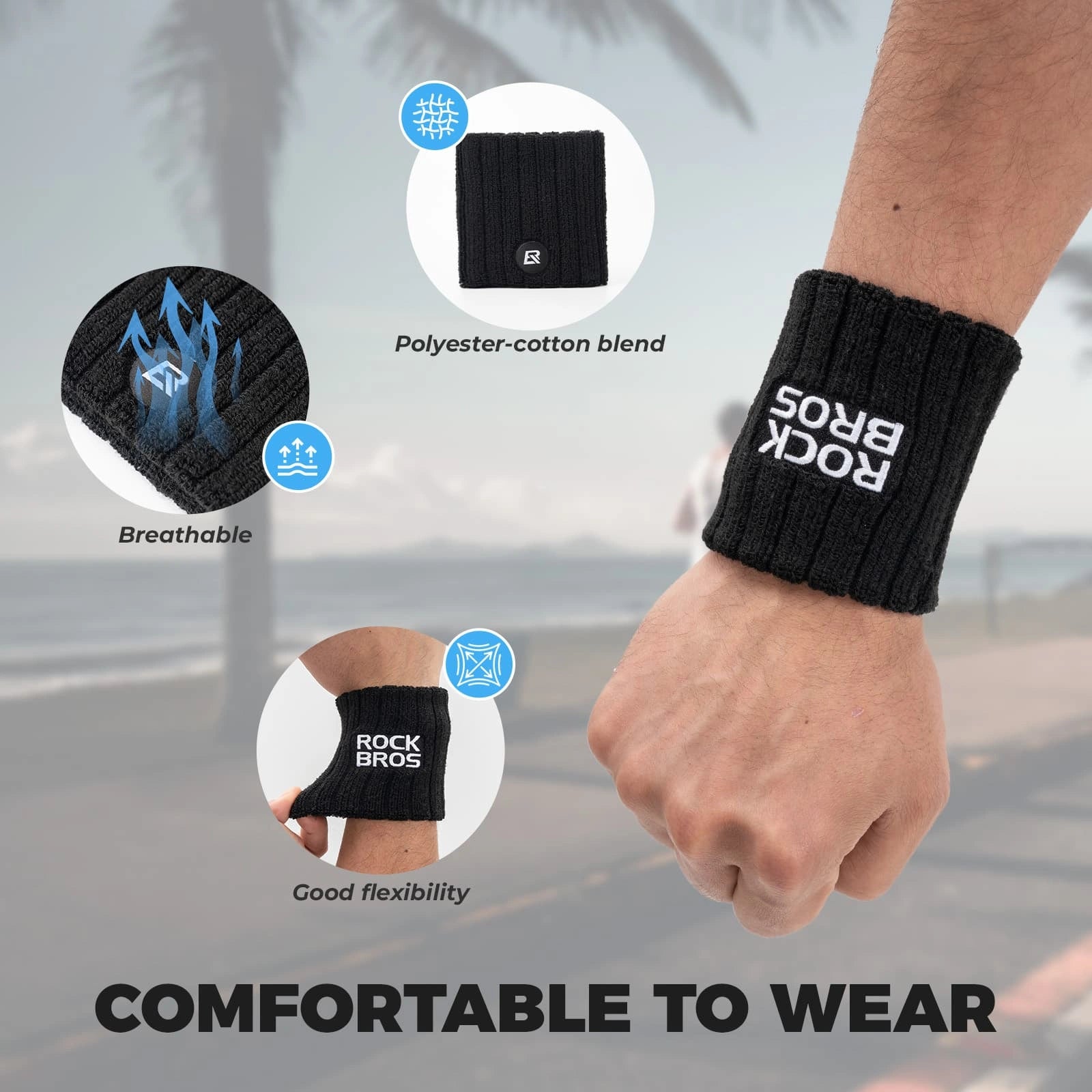 ROCKBROS Polyester-Cotton Sports Wristband with Sweat-Absorbing Fabric and Wrist Support for Daily Sports
#Color_Black