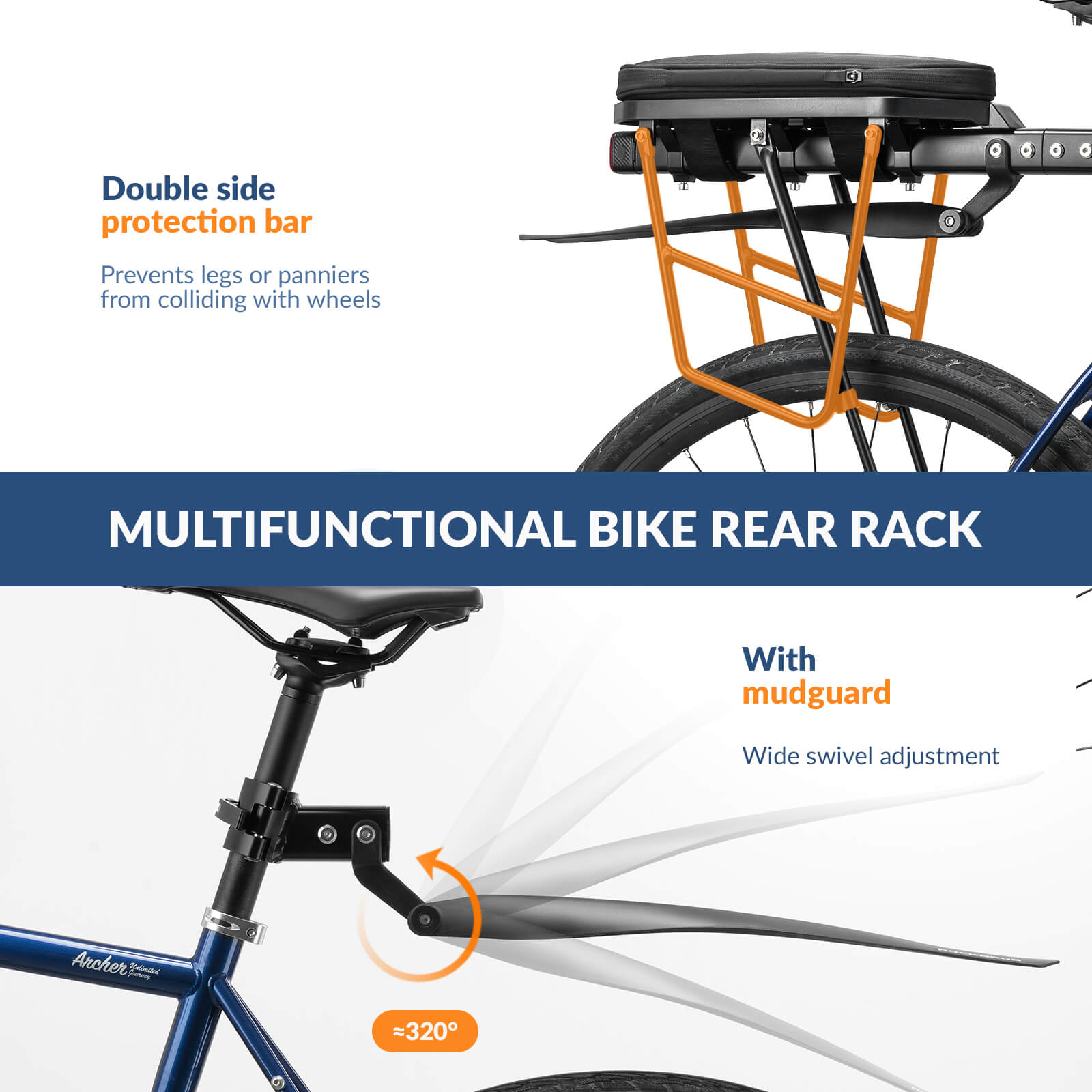 ROCKBROS rear bike rack with integrated adjustable fender for all-weather riding