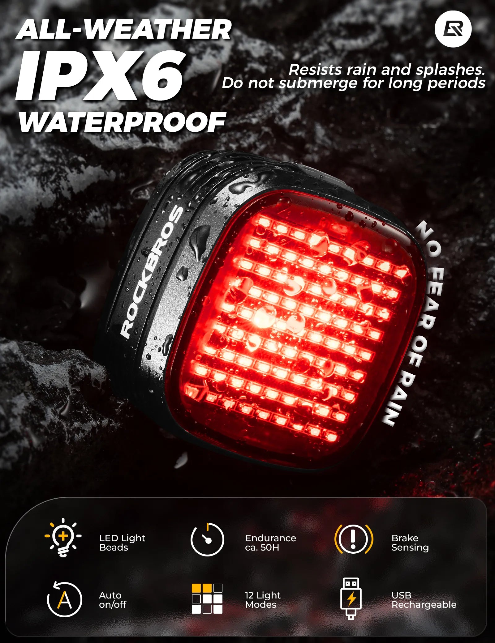 ROCKBROS R7 synchronized bike tail light with smart brake sensing and automatic light detection