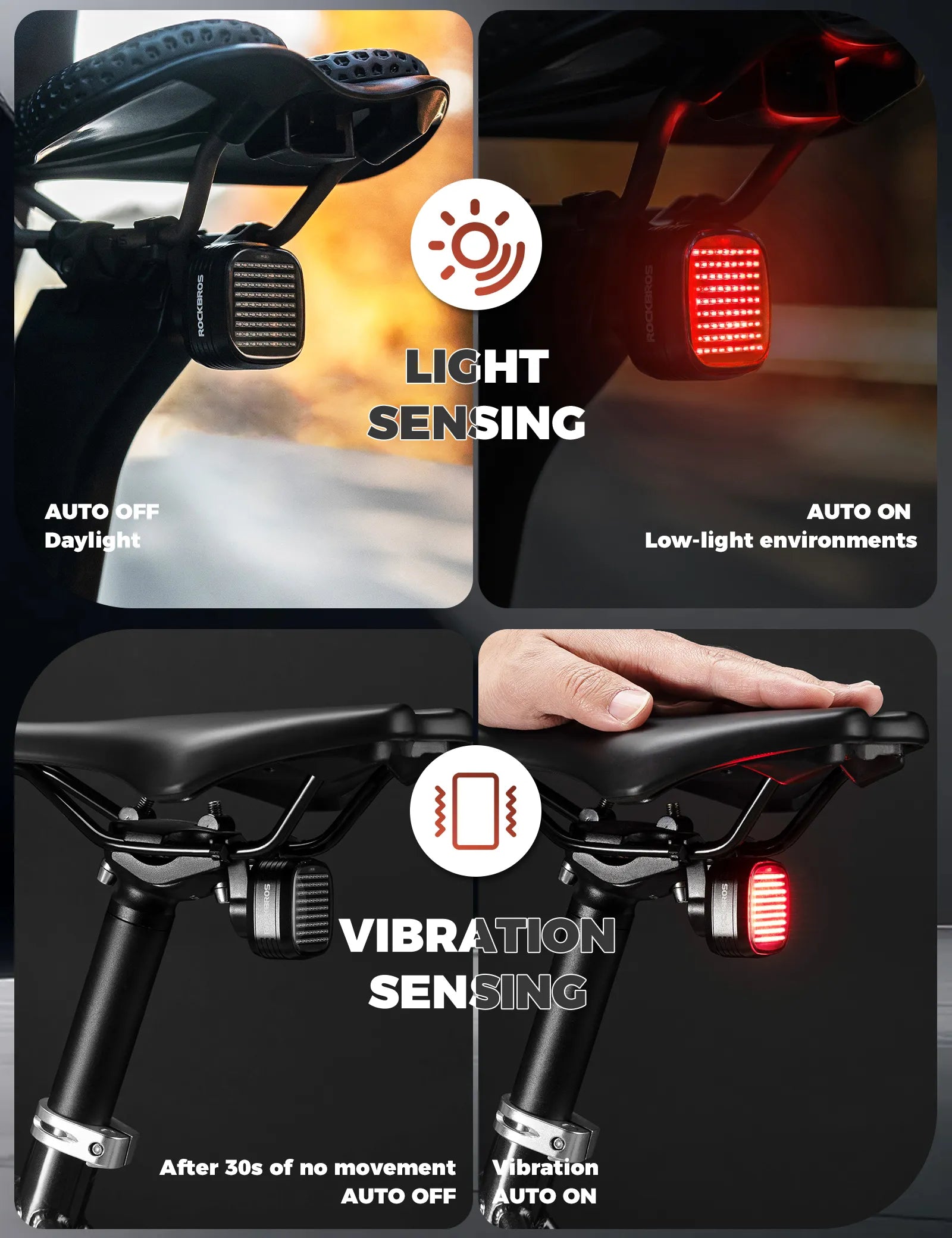 ROCKBROS R7 synchronized bike tail light with smart brake sensing and automatic light detection