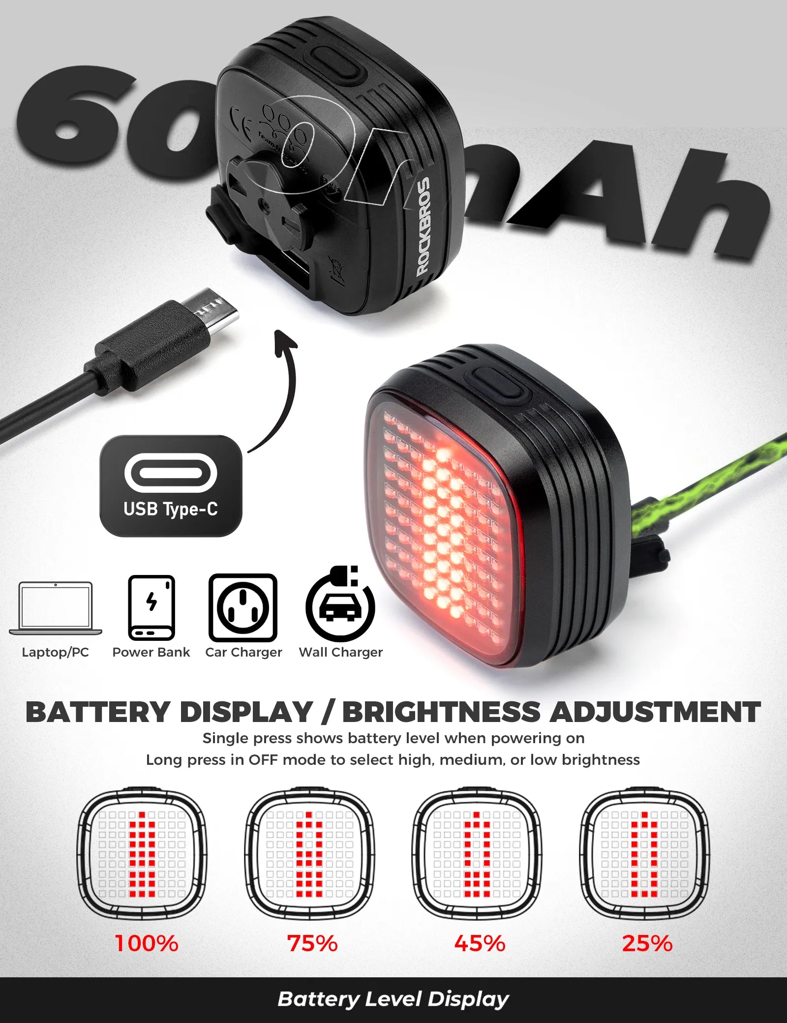 ROCKBROS R7 synchronized bike tail light with smart brake sensing and automatic light detection
