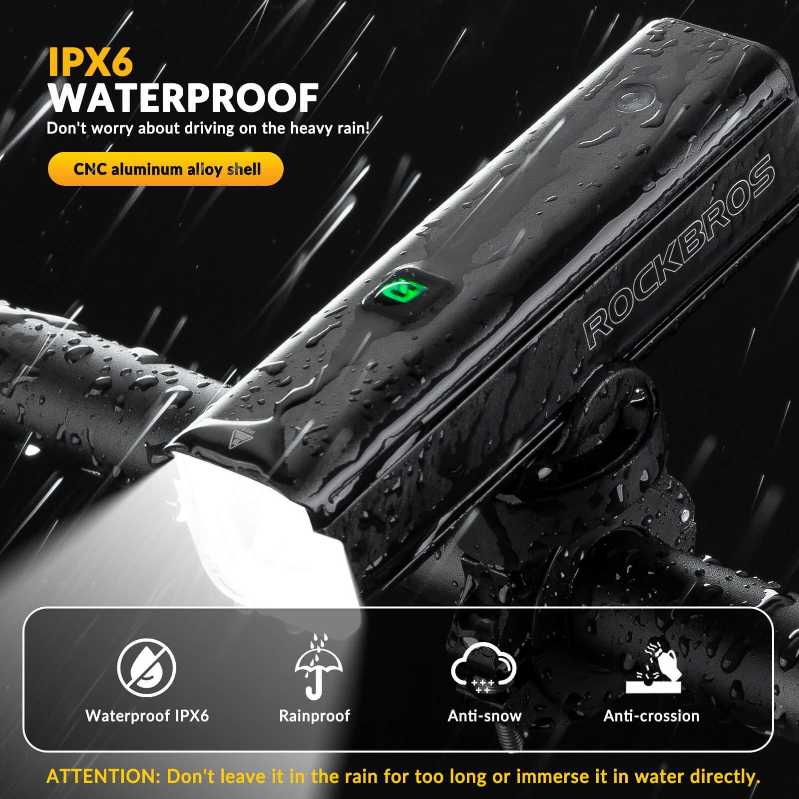 IPX6 waterproof ROCKBROS RHL1500 bike front light for all-weather riding