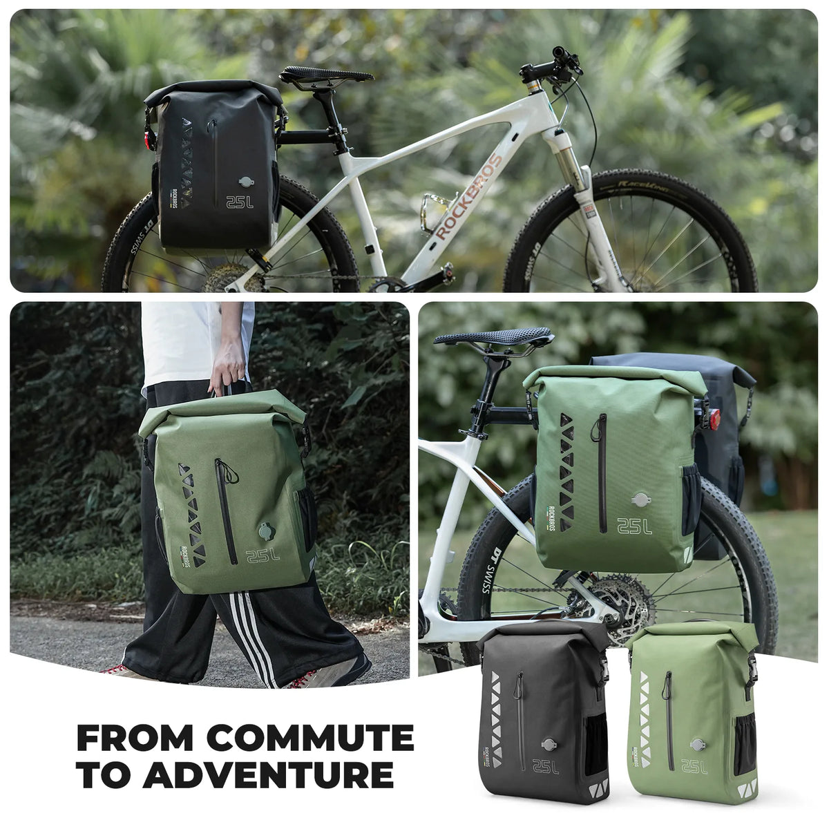 ROCKBROS bike pannier with a space-saving compression front pocket