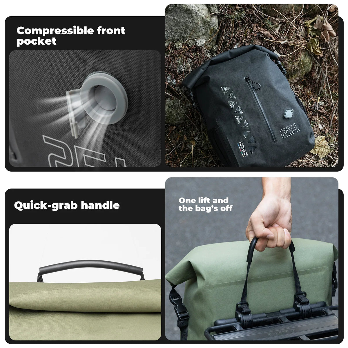 ROCKBROS bike pannier with a space-saving compression front pocket