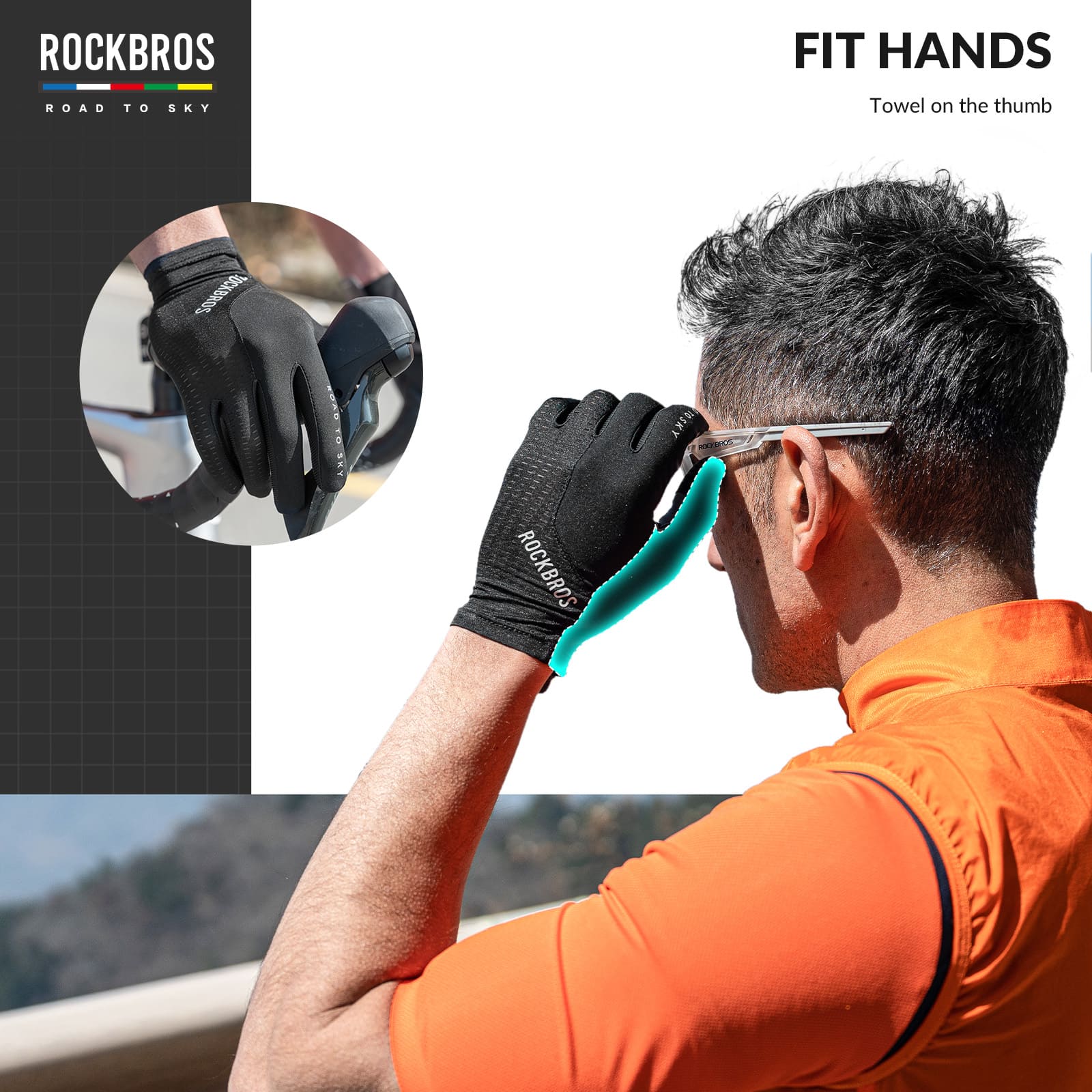 ROCKBROS Road to Sky breathable full finger cycling gloves with SBR padded palm and touchscreen fingertips
#Color_Black